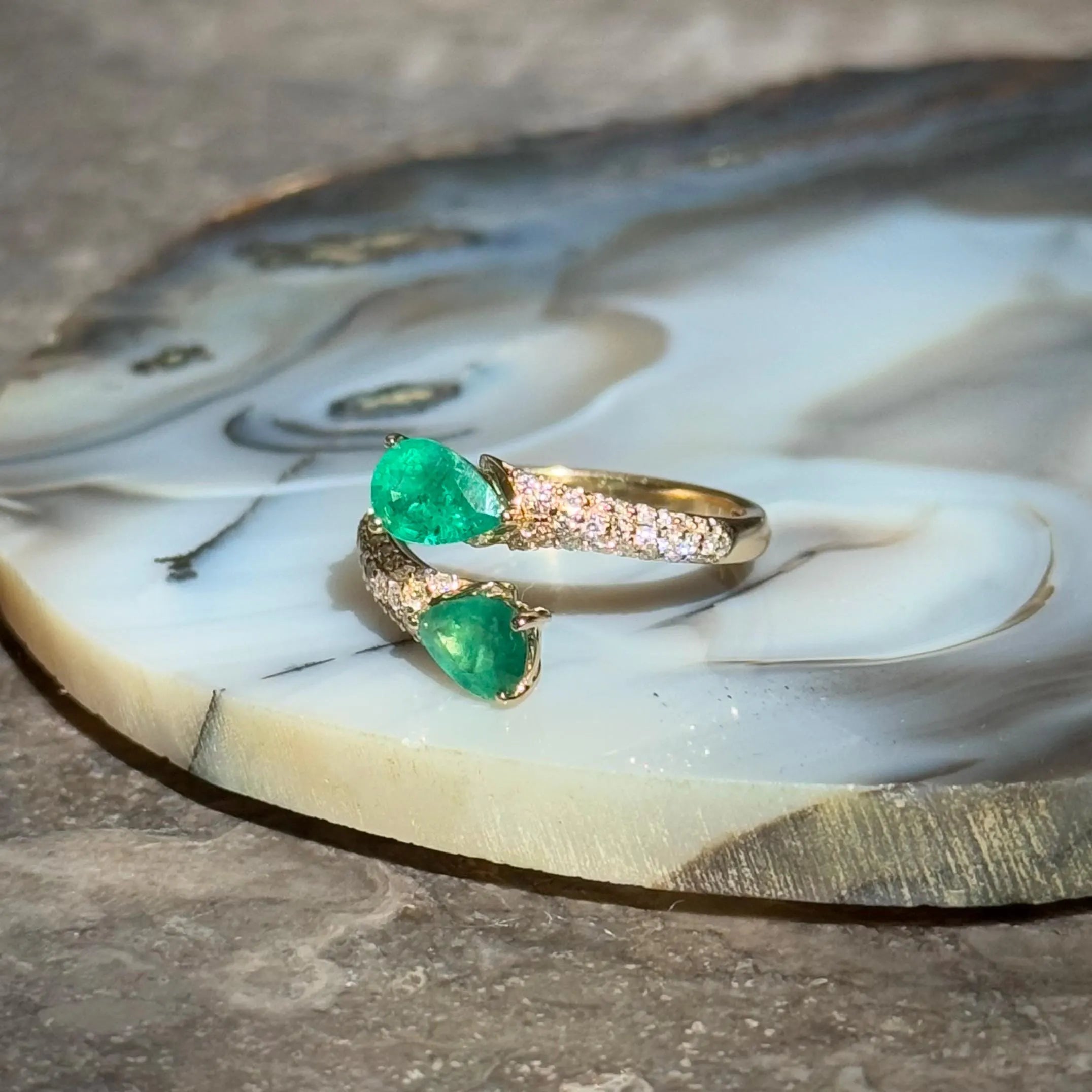 Toi et Moi Emerlad Diamond Ring in 14k Yellow Gold Size 7