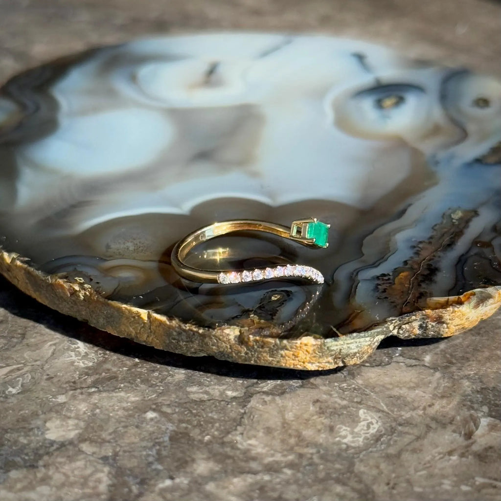 Emerald Diamond Bypass Ring in 18k Yellow Gold