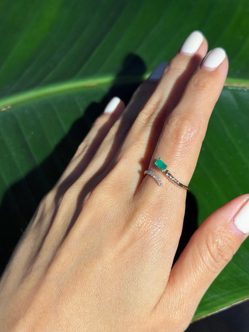 Emerald Diamond Bypass Ring in 18k Yellow Gold