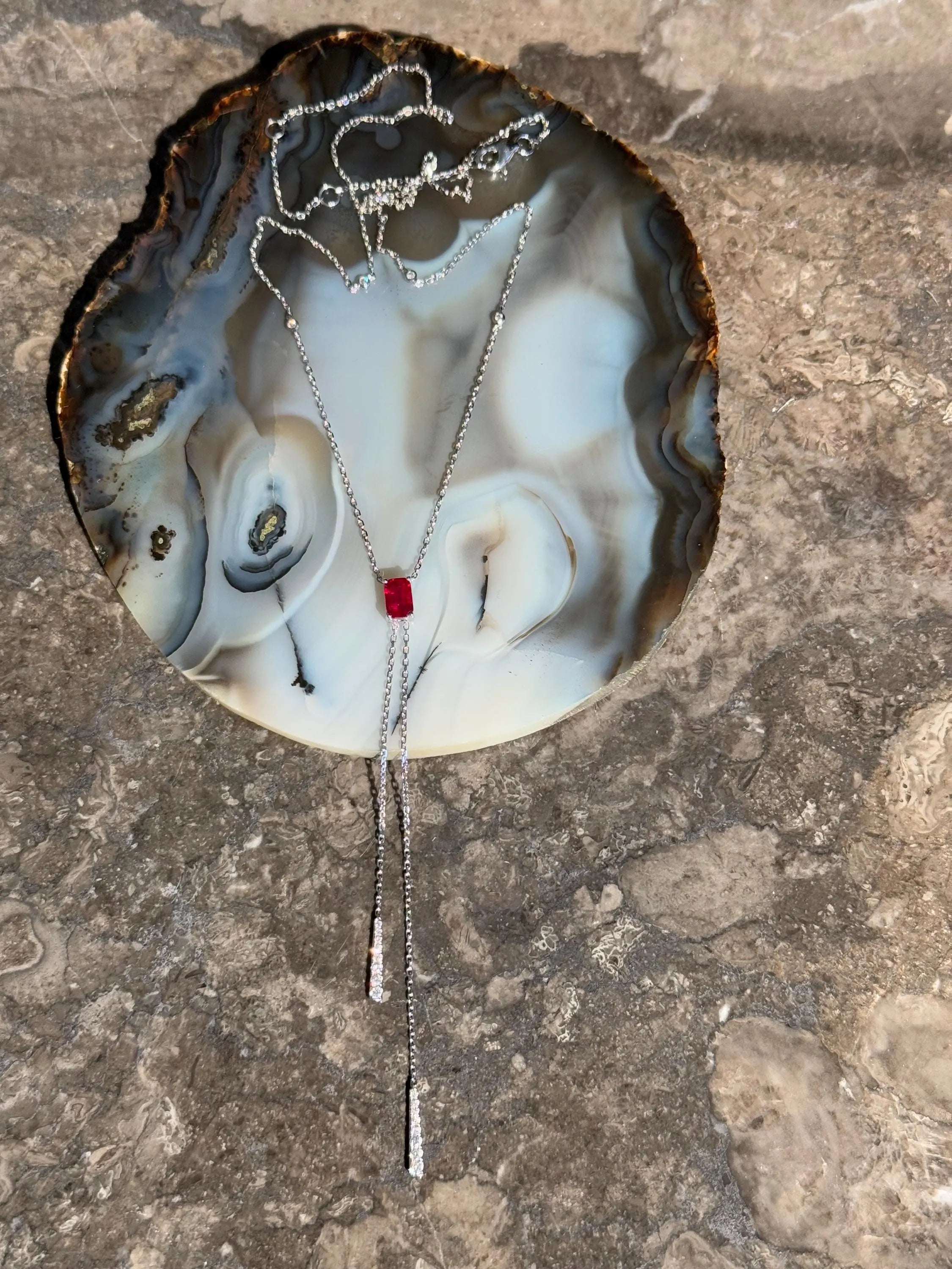 Diamond Ruby Lariat Necklace in 14k White Gold