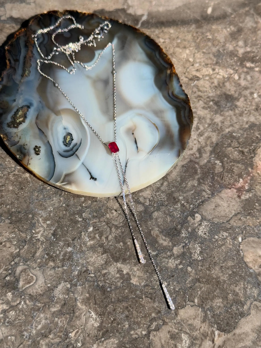 Diamond Ruby Lariat Necklace in 14k White Gold