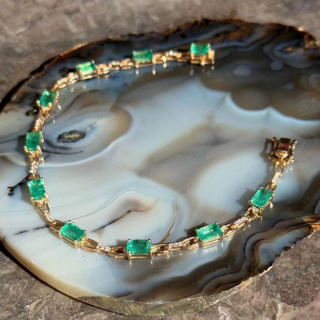 Emerald Diamond Chain Bracelet in 14k Yellow Gold