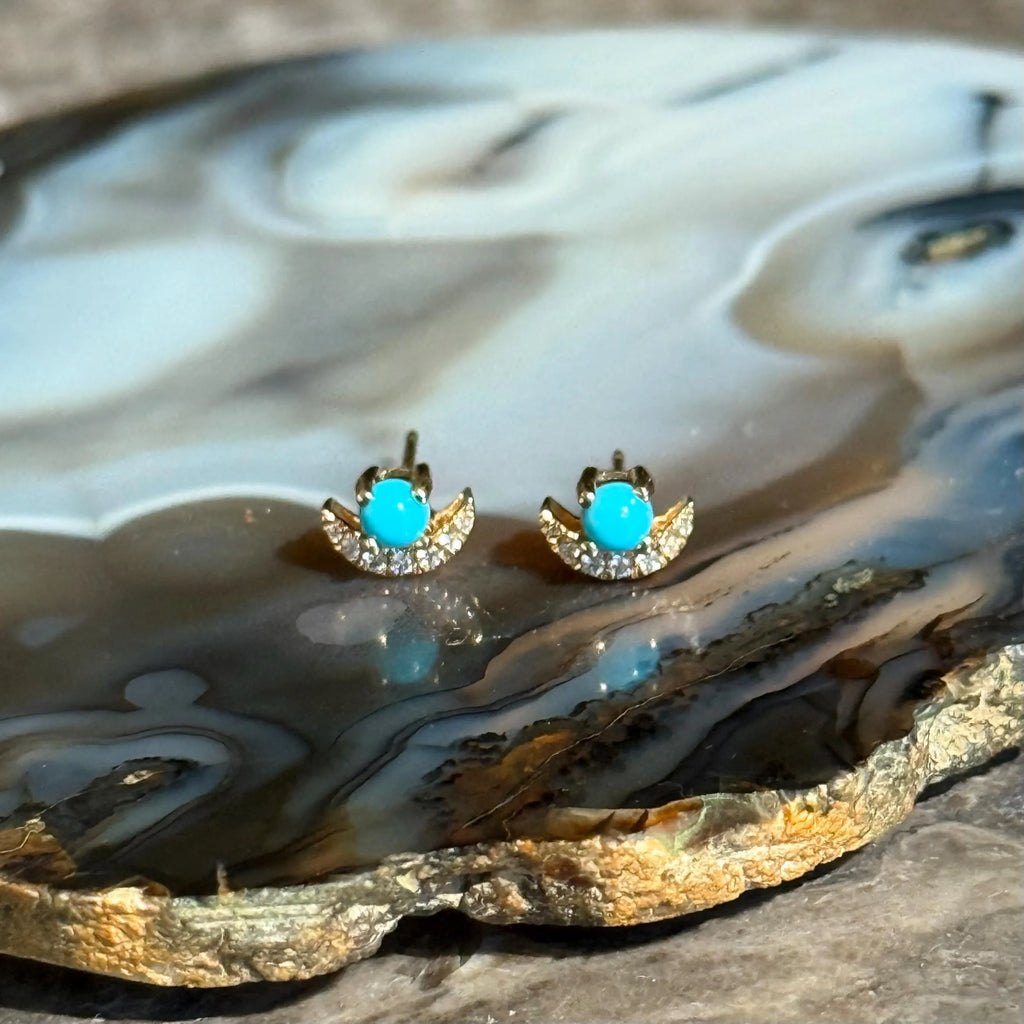 Moon Diamond Turquoise Stud Earrings in 18k Yellow Gold