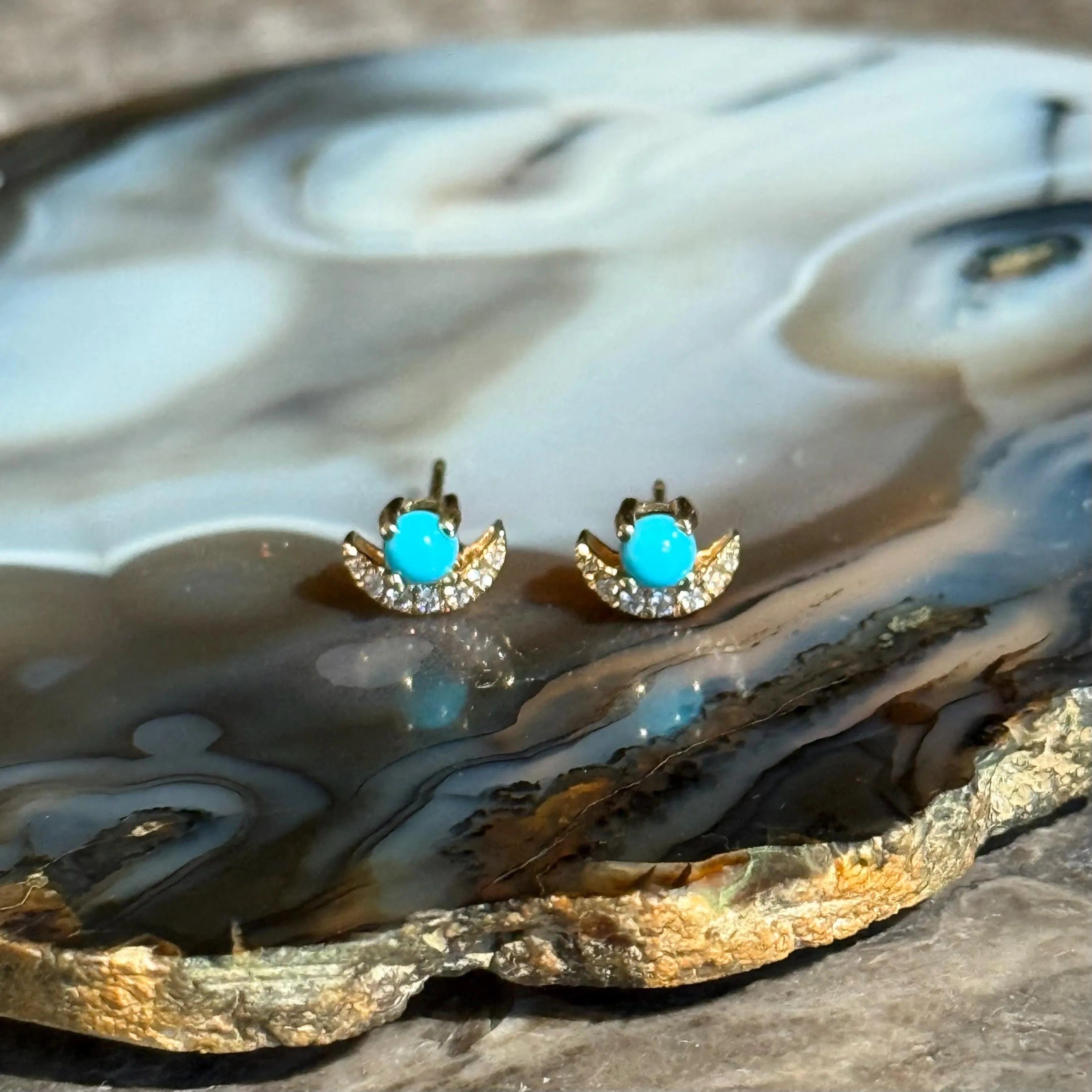 Moon Diamond Turquoise Stud Earrings in 18k Yellow Gold