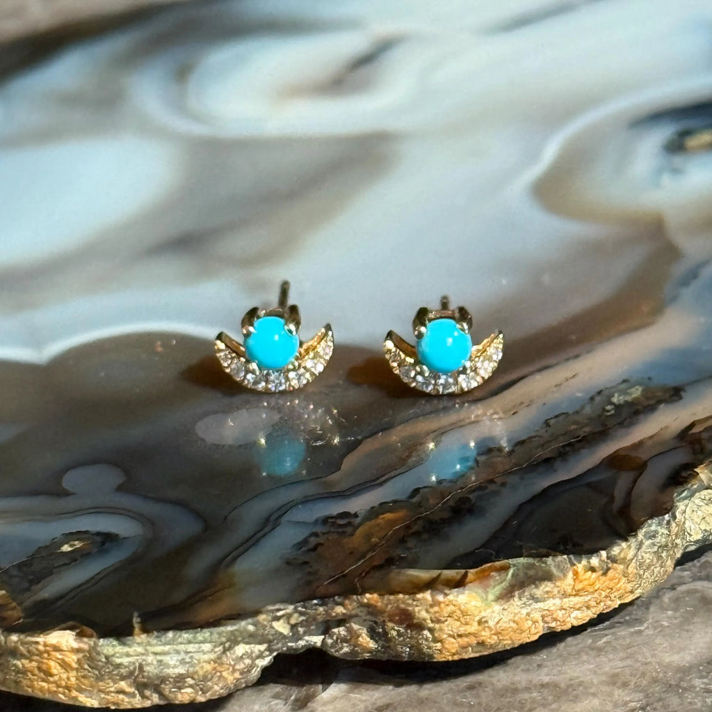 Moon Diamond Turquoise Stud Earrings in 18k Yellow Gold