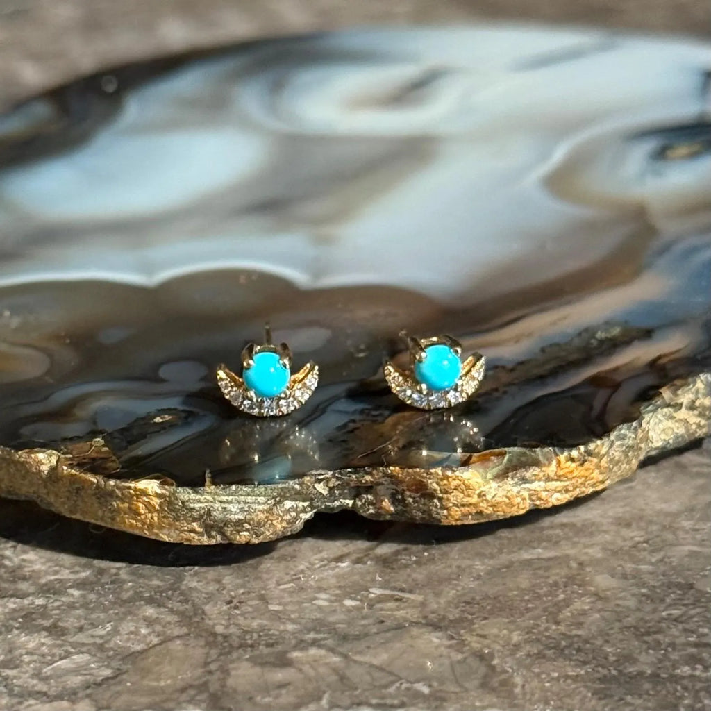 Moon Diamond Turquoise Stud Earrings in 18k Yellow Gold
