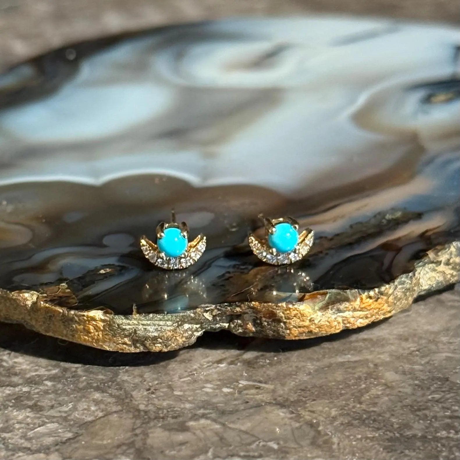 Moon Diamond Turquoise Stud Earrings in 18k Yellow Gold