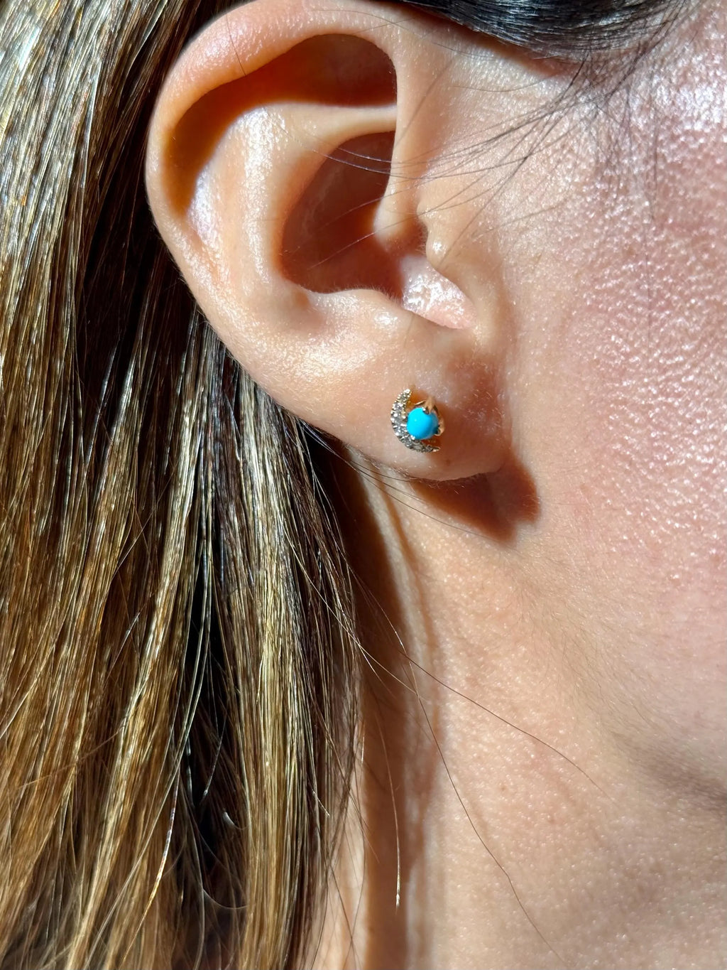 Moon Diamond Turquoise Stud Earrings in 18k Yellow Gold