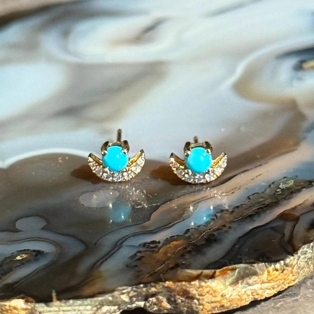 Moon Diamond Turquoise Stud Earrings in 18k Yellow Gold
