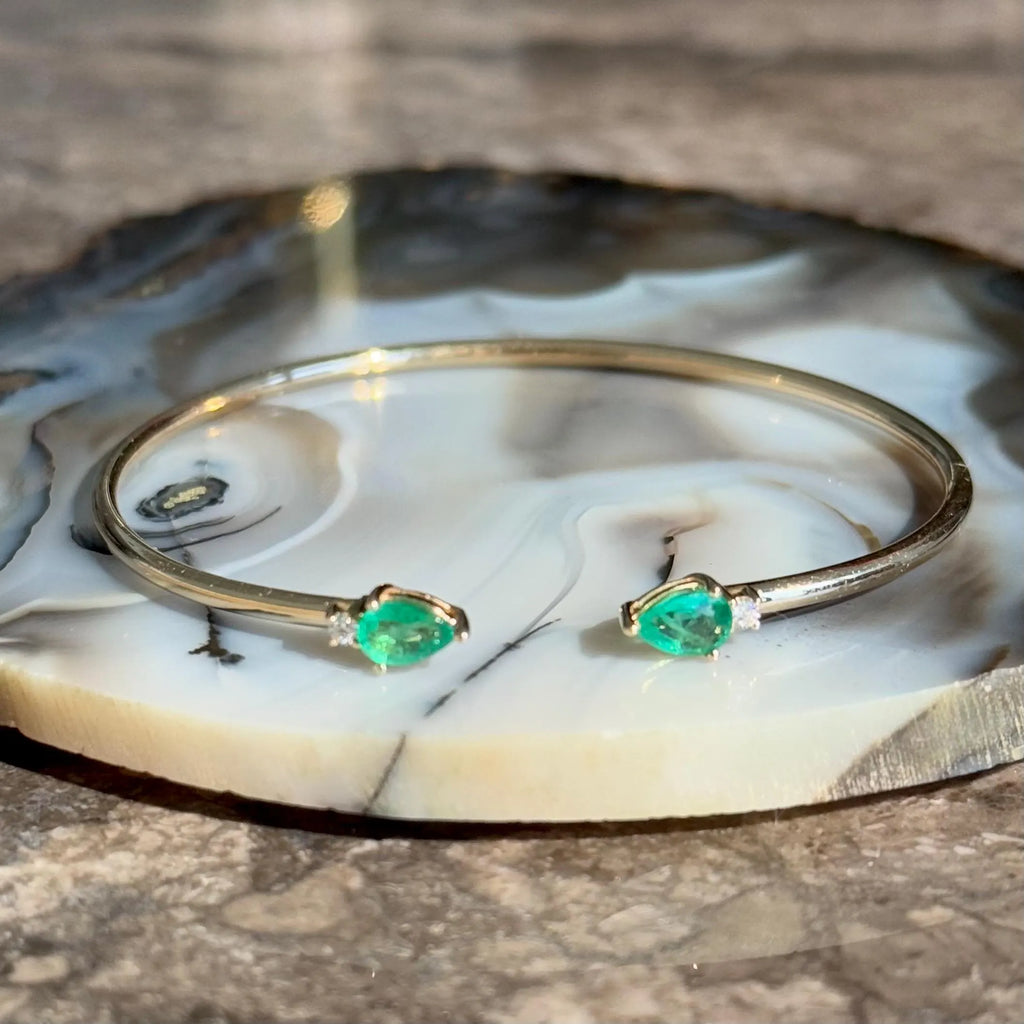 Emerald Diamond Bangle Bracelet in 14k Yellow Gold