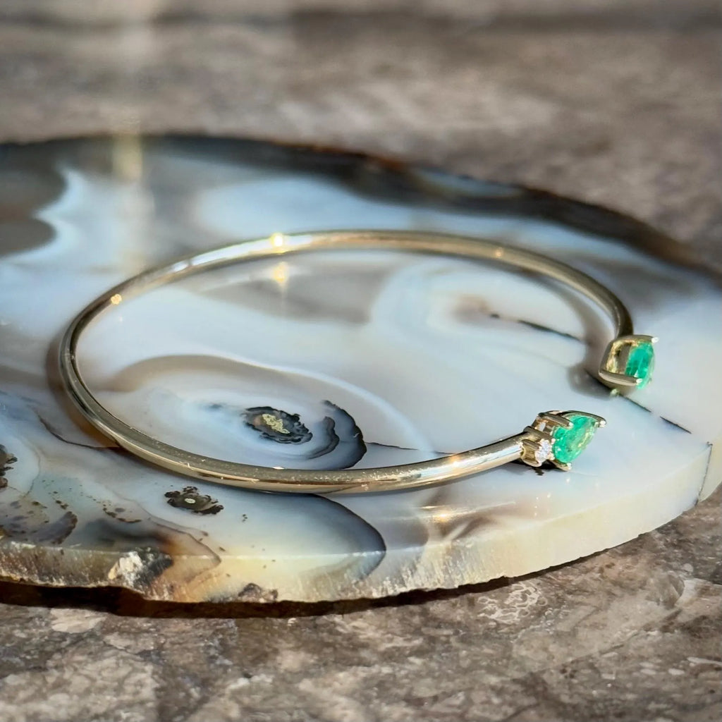 Emerald Diamond Bangle Bracelet in 14k Yellow Gold
