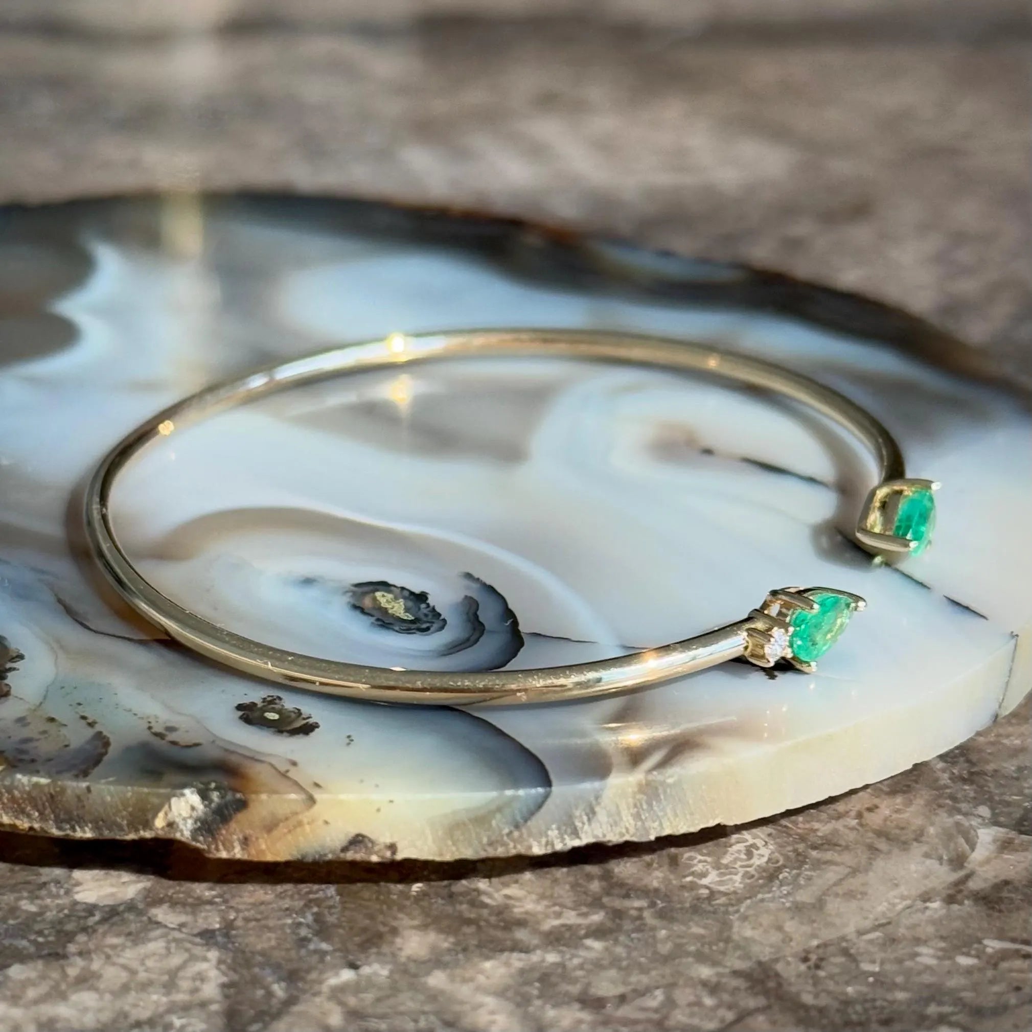 Emerald Diamond Bangle Bracelet in 14k Yellow Gold