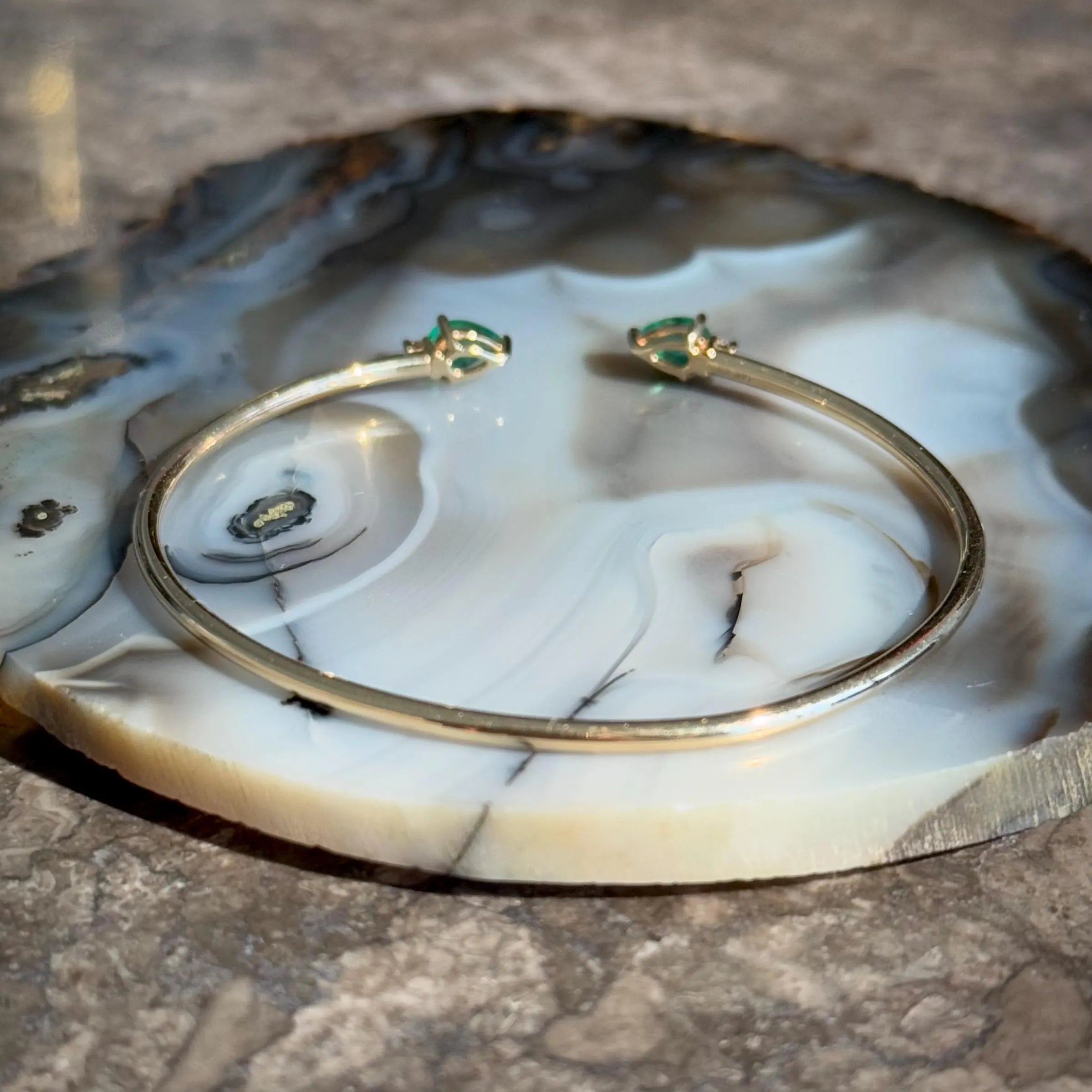 Emerald Diamond Bangle Bracelet in 14k Yellow Gold