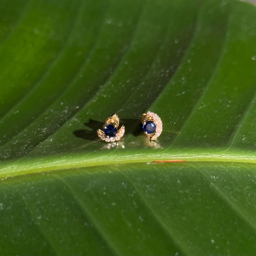 Moon Diamond Sapphire Stud Earrings in 14k Yellow Gold