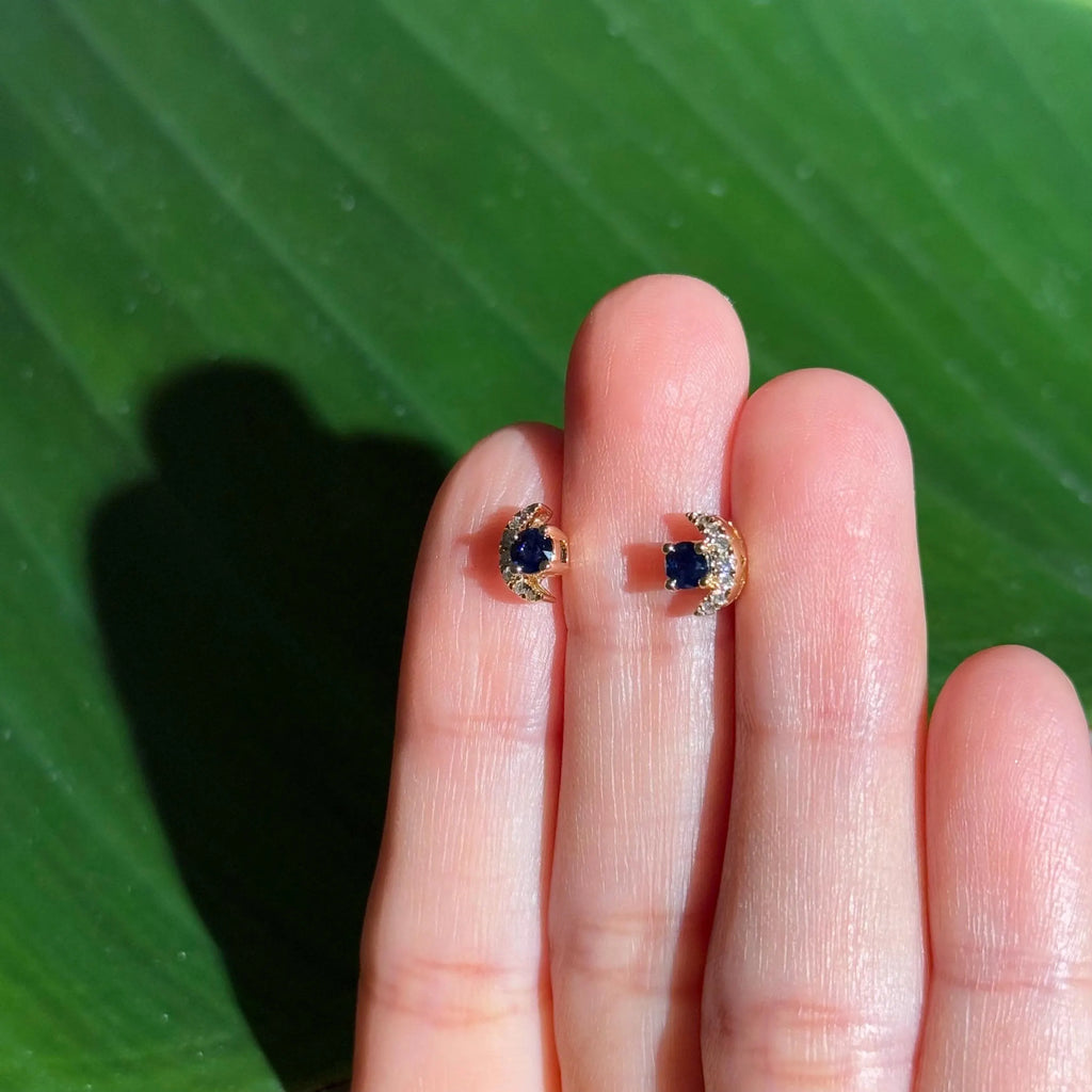 Moon Diamond Sapphire Stud Earrings in 14k Yellow Gold