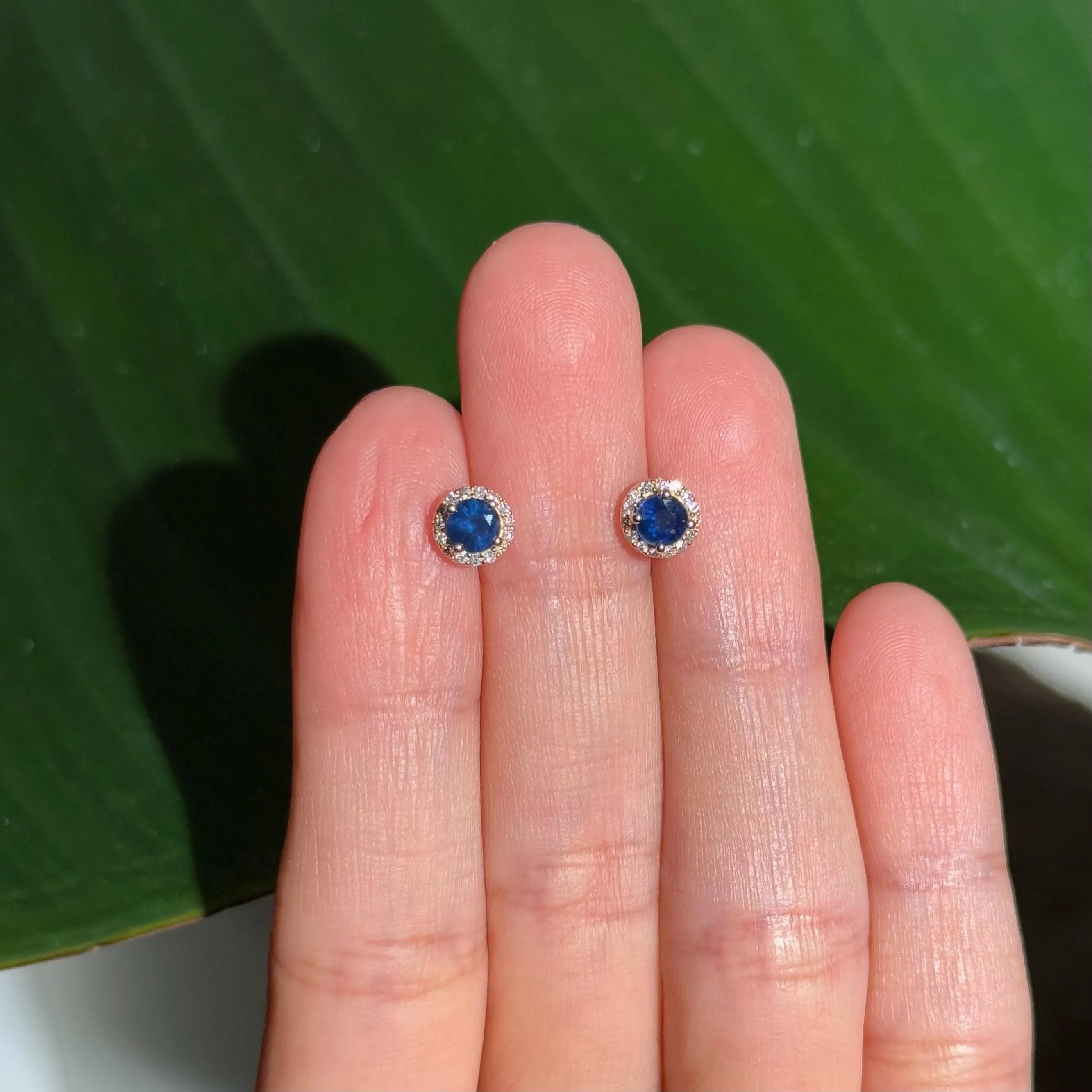 Sapphire Diamond Halo Stud Earrings in 14k Yellow Gold