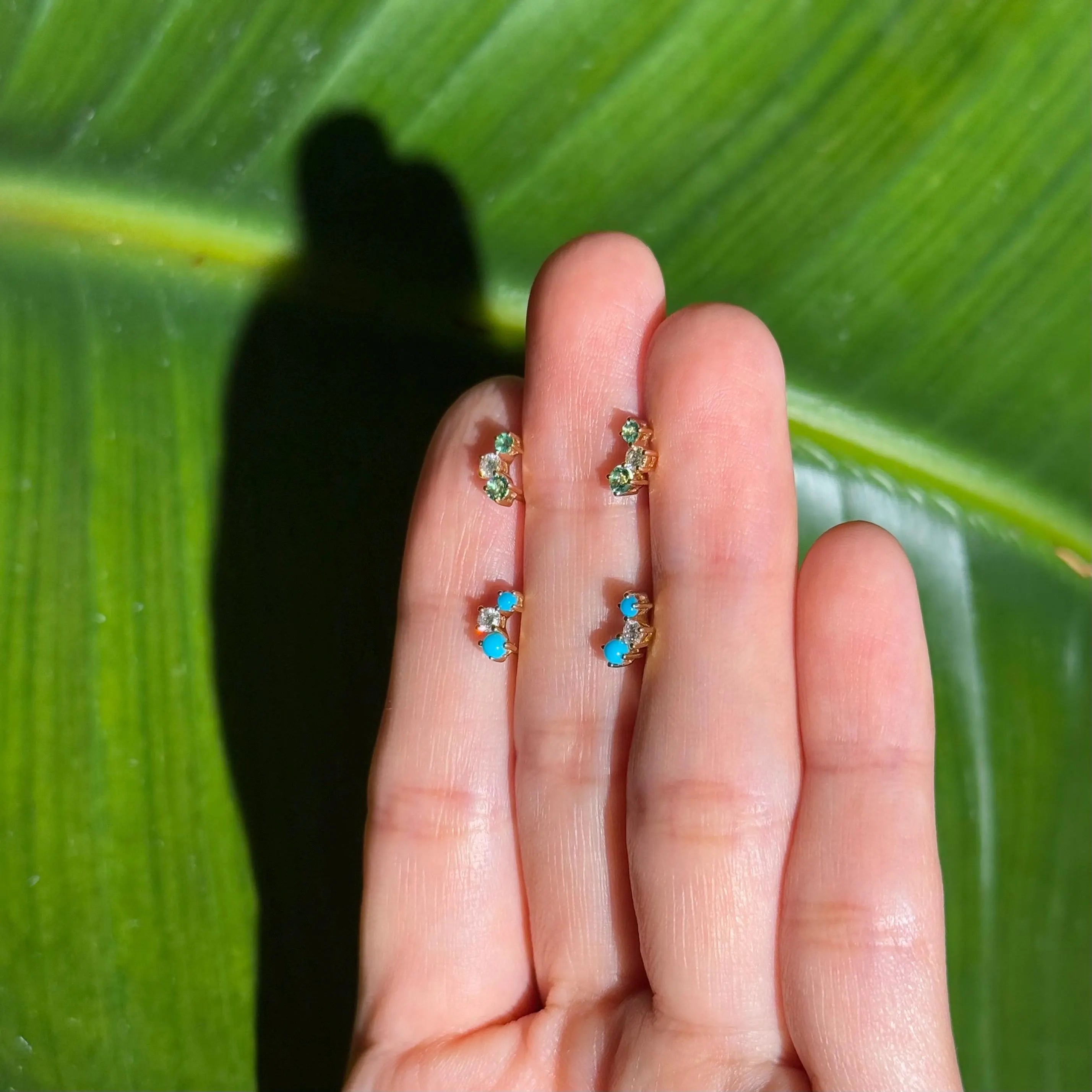 Emerald Diamond Stud Crawler Earrings in 14k Yellow Gold