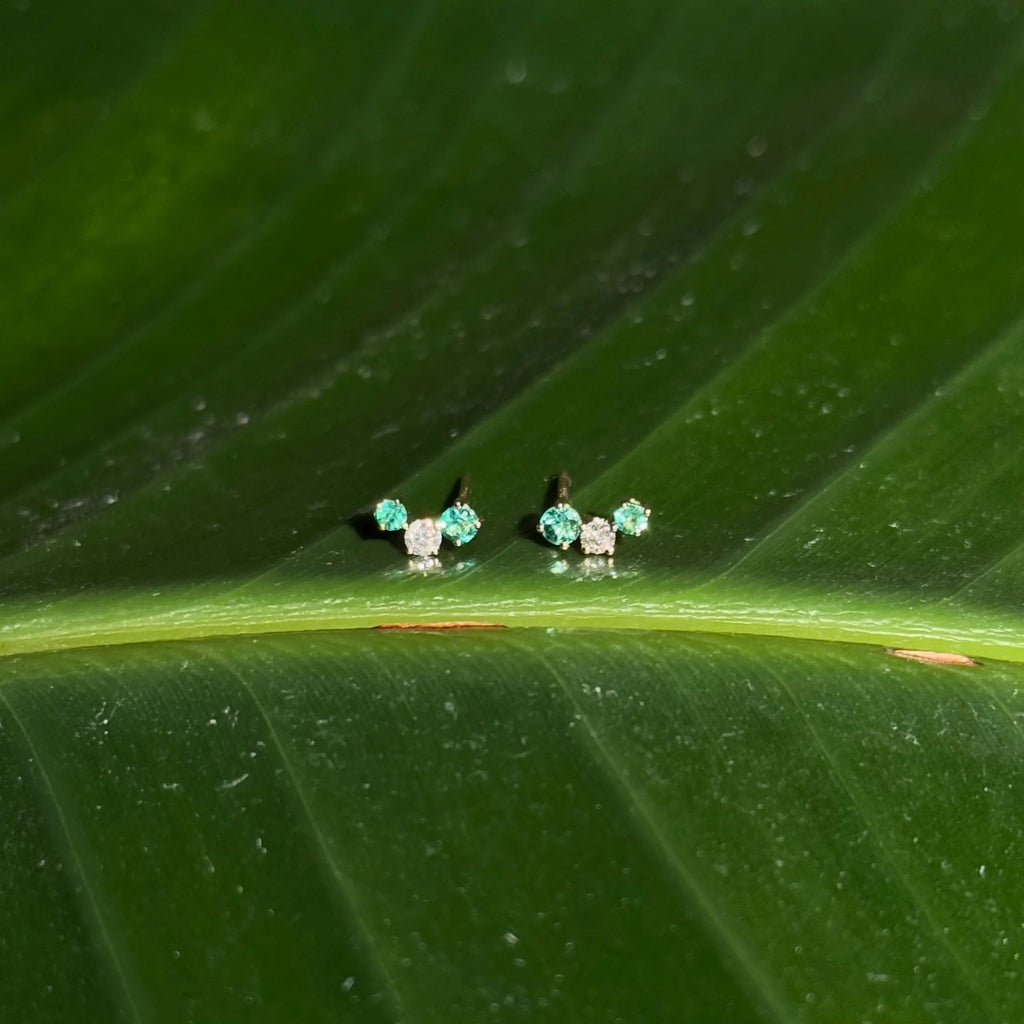 Emerald Diamond Stud Crawler Earrings in 14k Yellow Gold