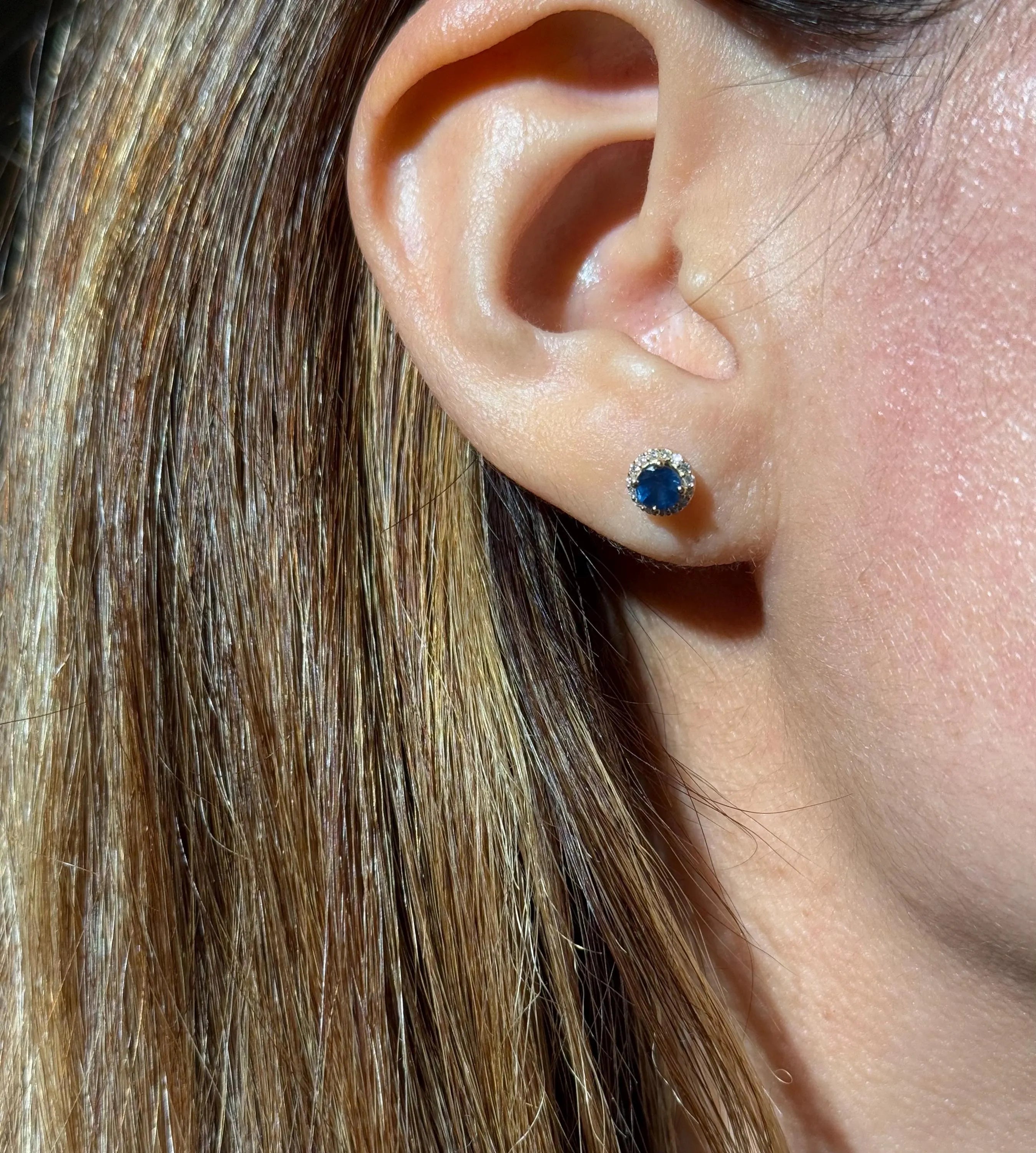 Sapphire Diamond Halo Stud Earrings in 14k Yellow Gold