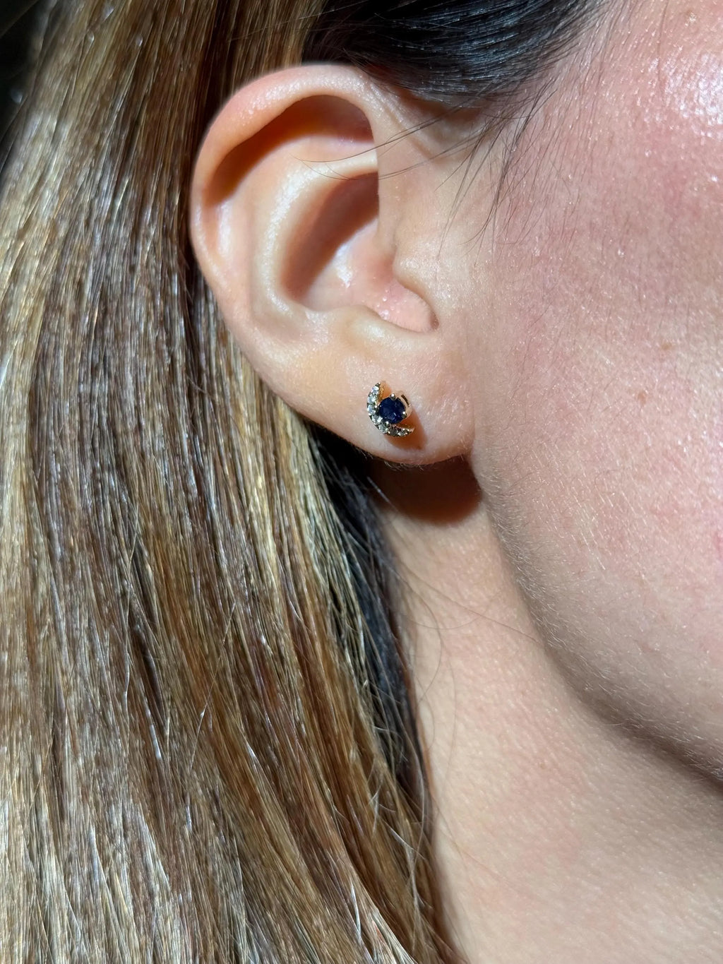 Moon Diamond Sapphire Stud Earrings in 14k Yellow Gold