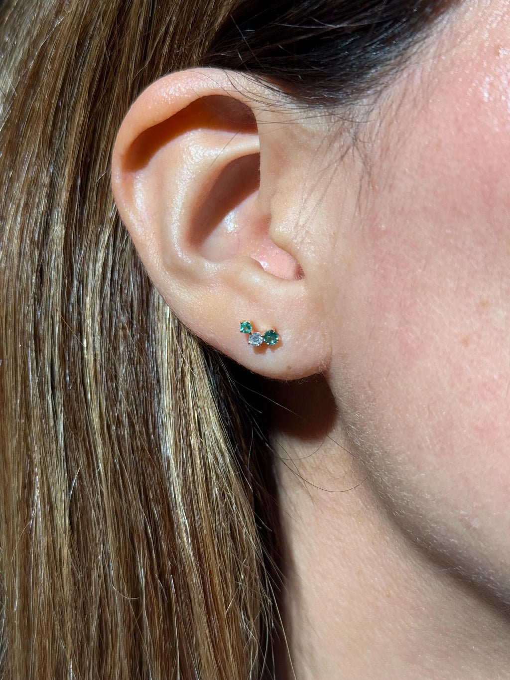 Emerald Diamond Stud Crawler Earrings in 14k Yellow Gold