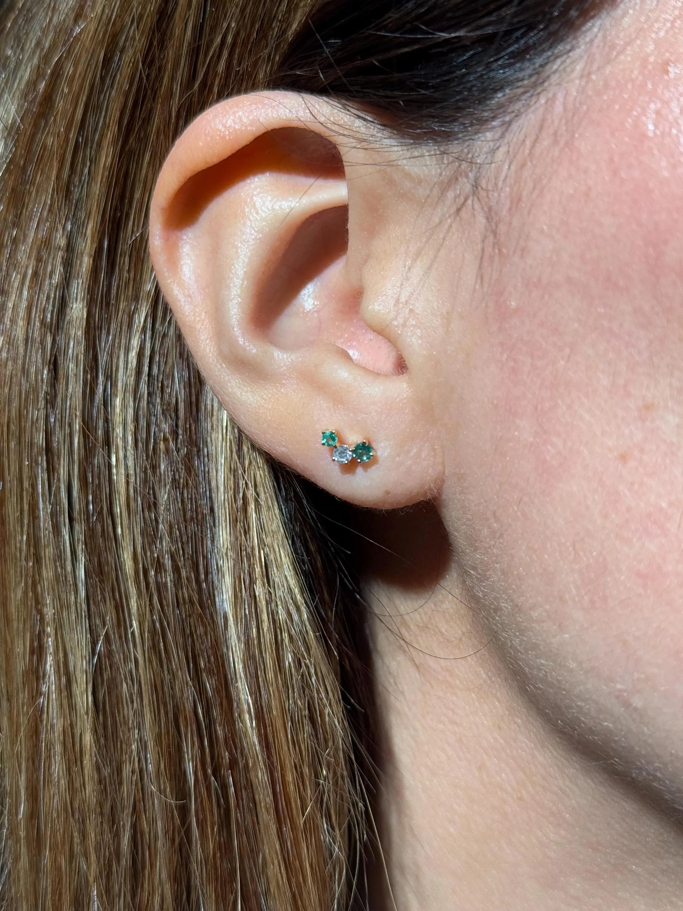 Emerald Diamond Stud Crawler Earrings in 14k Yellow Gold