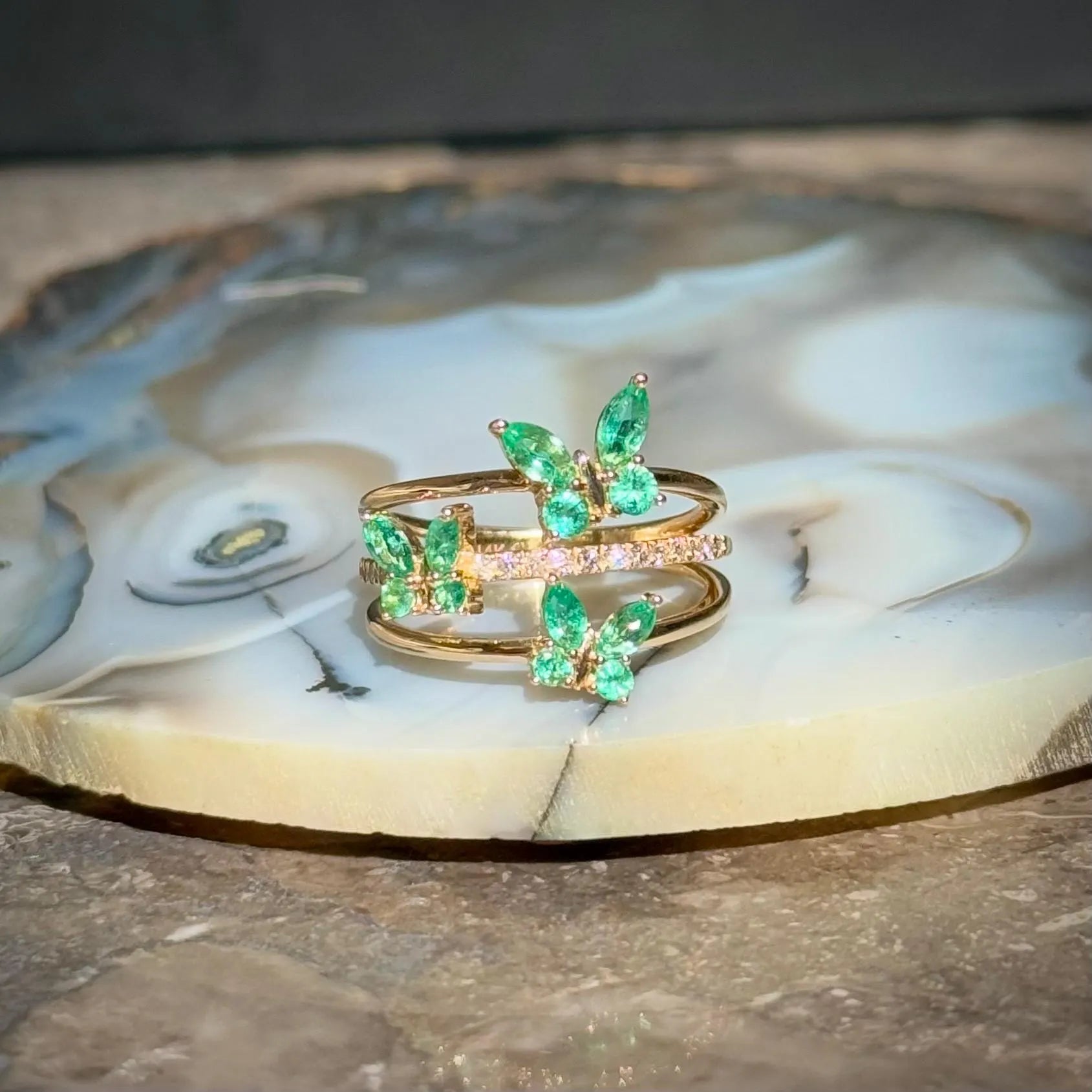 Floral Emerlad Diamond Ring in 14k Yellow Gold