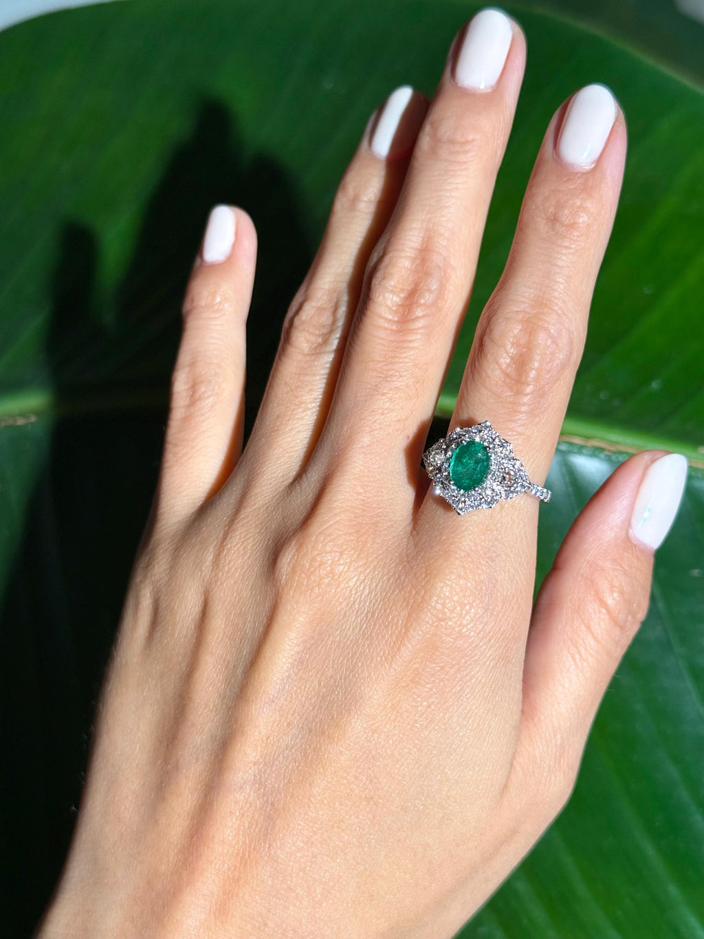 Classy Emerald Diamond Ring in 14k White Gold