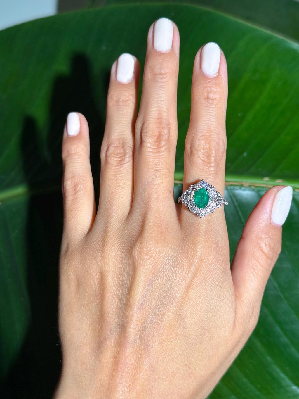 Classy Emerald Diamond Ring in 14k White Gold