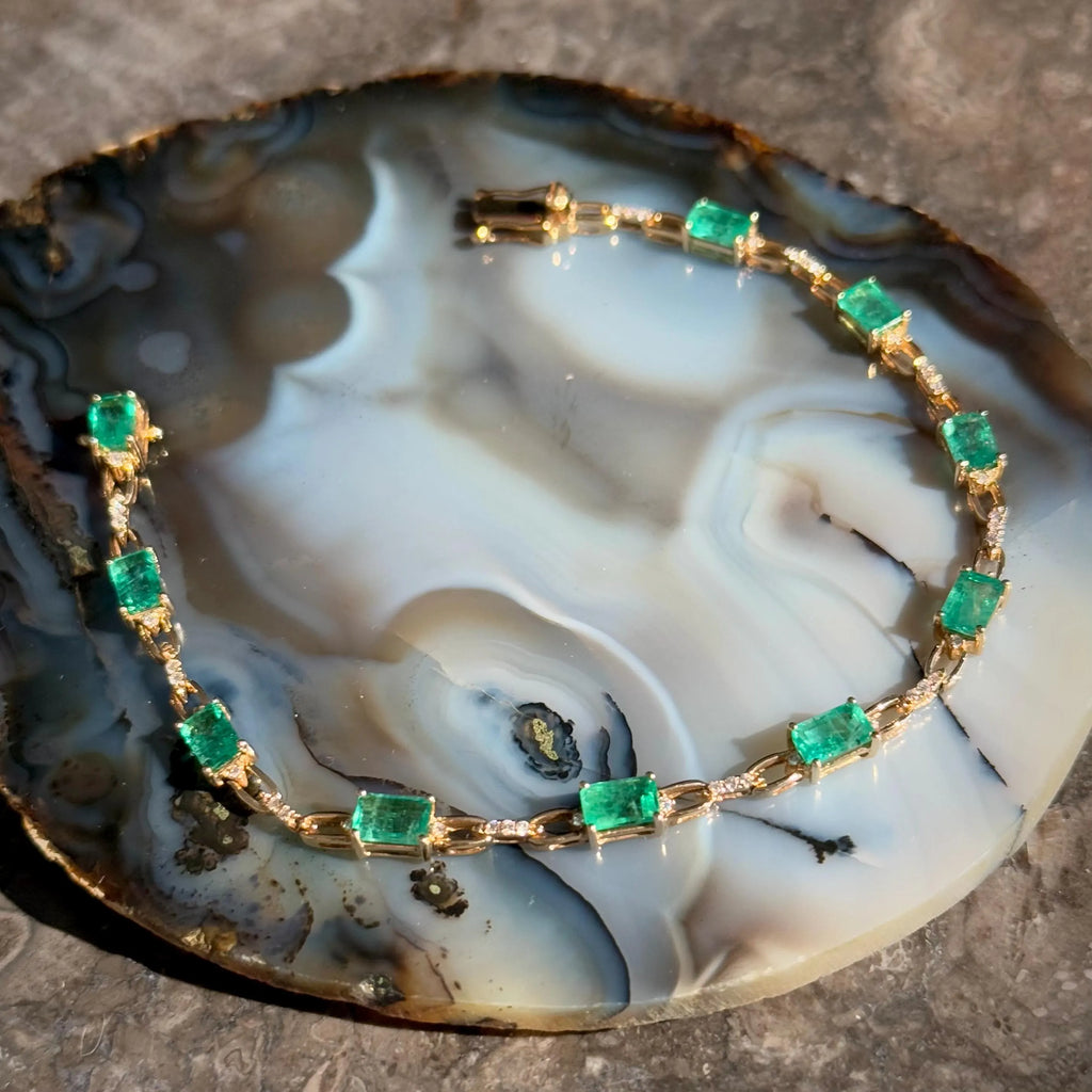 Emerald Diamond Chain Bracelet in 14k Yellow Gold