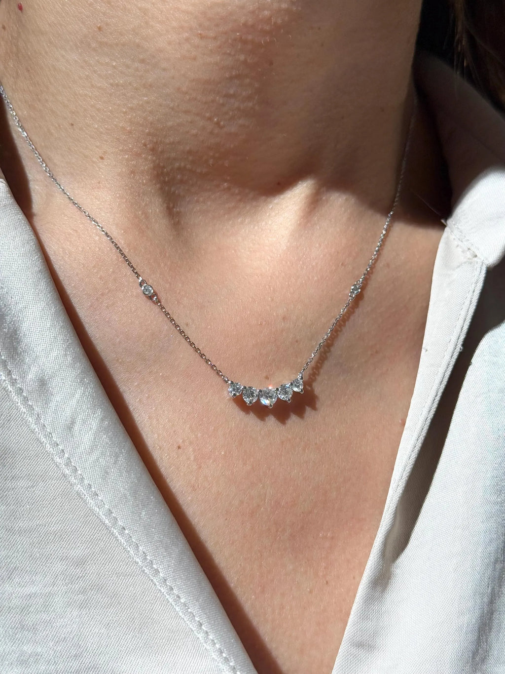 Classy Diamond Bar Necklace in 18k White Gold 18" Long Adjustable