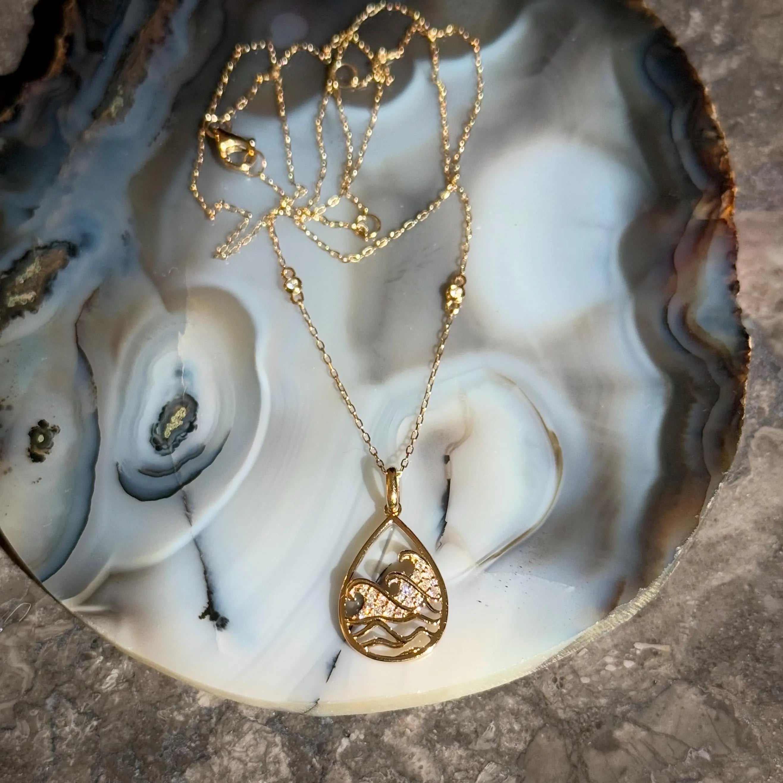Diamond Ocean Waves Necklace in 14k Yellow Gold