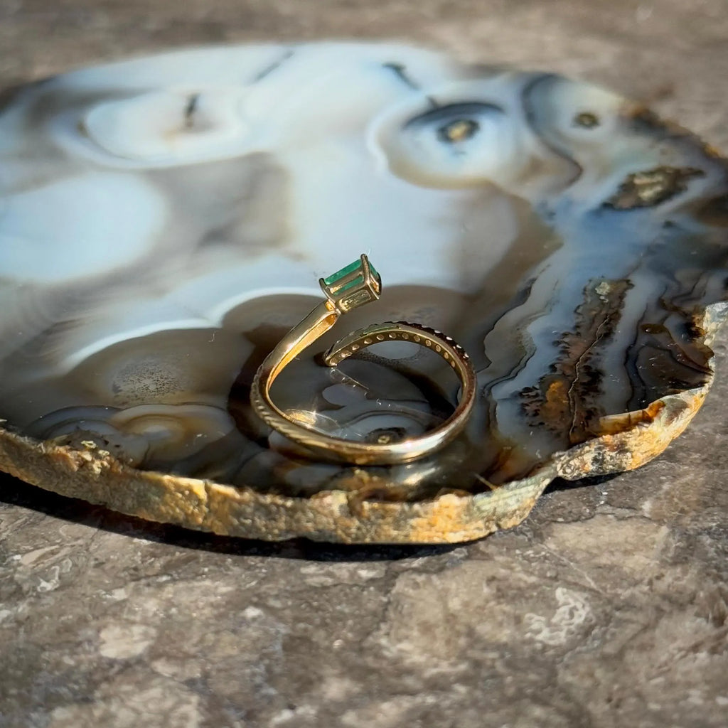 Emerald Diamond Bypass Ring in 18k Yellow Gold