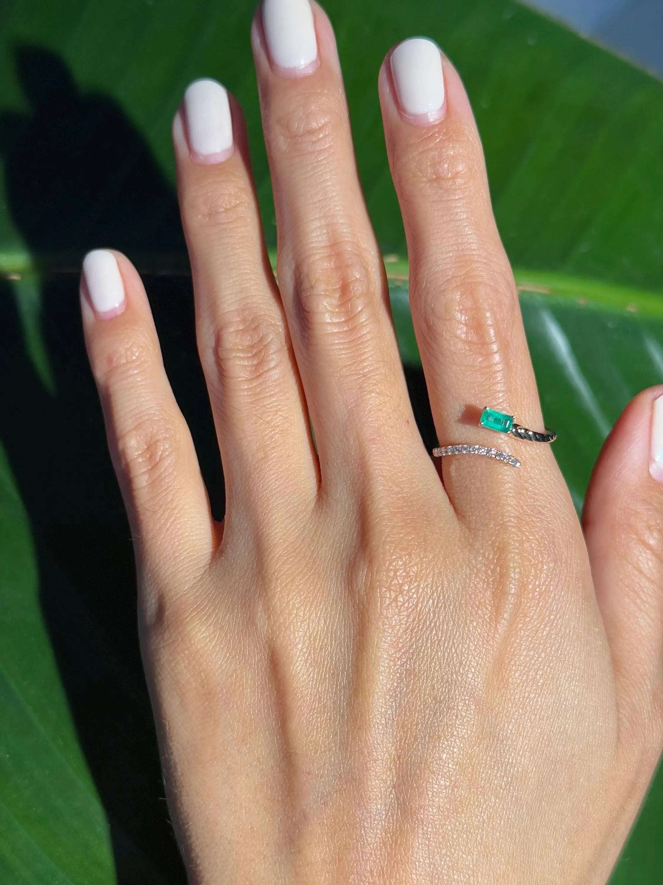 Emerald Diamond Bypass Ring in 18k Yellow Gold