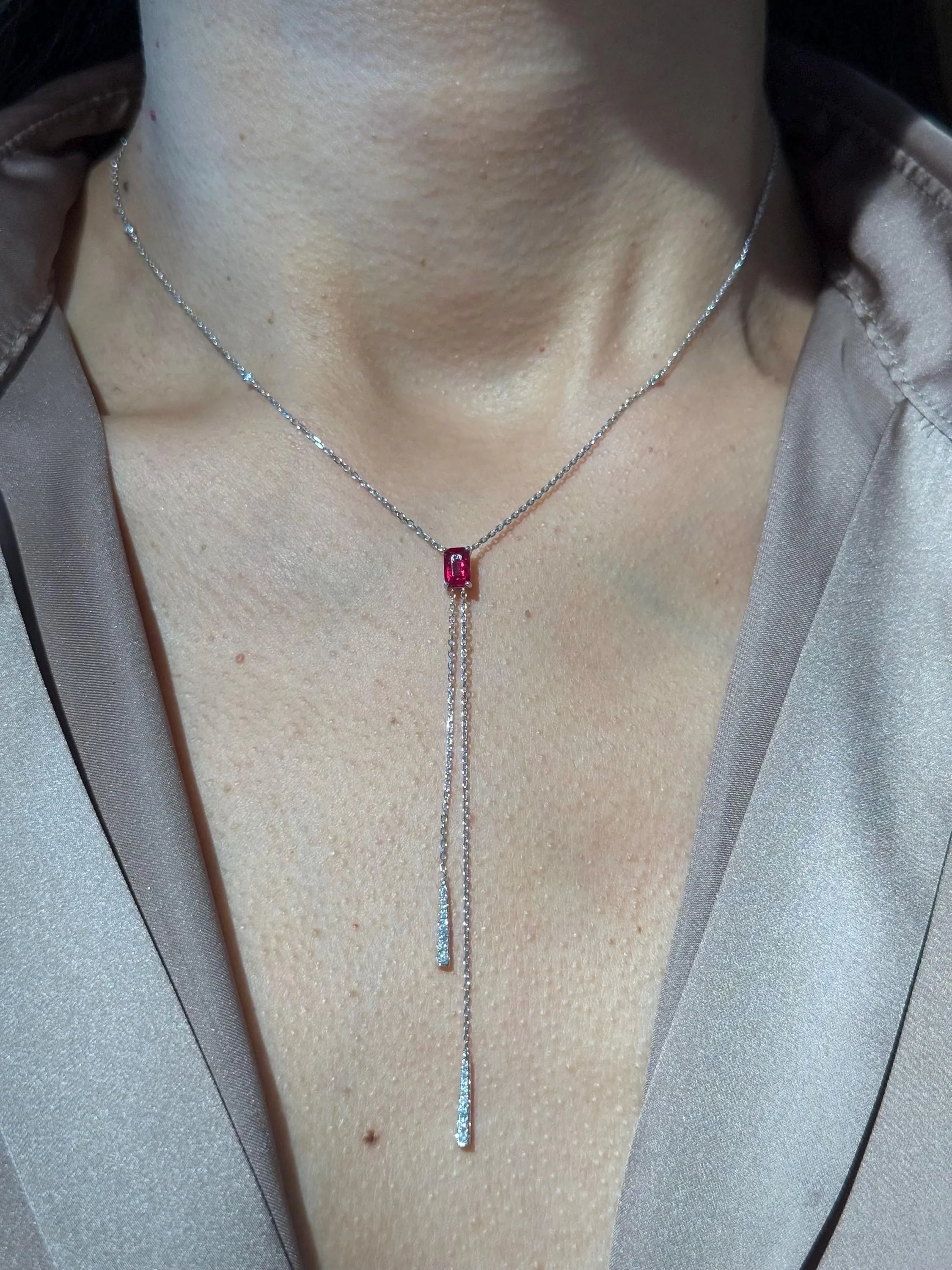 Diamond Ruby Lariat Necklace in 14k White Gold