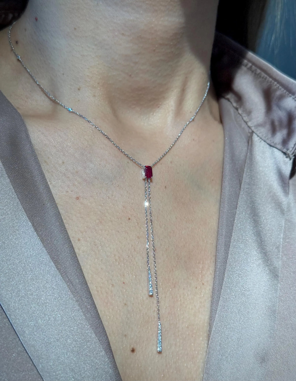 Diamond Ruby Lariat Necklace in 14k White Gold