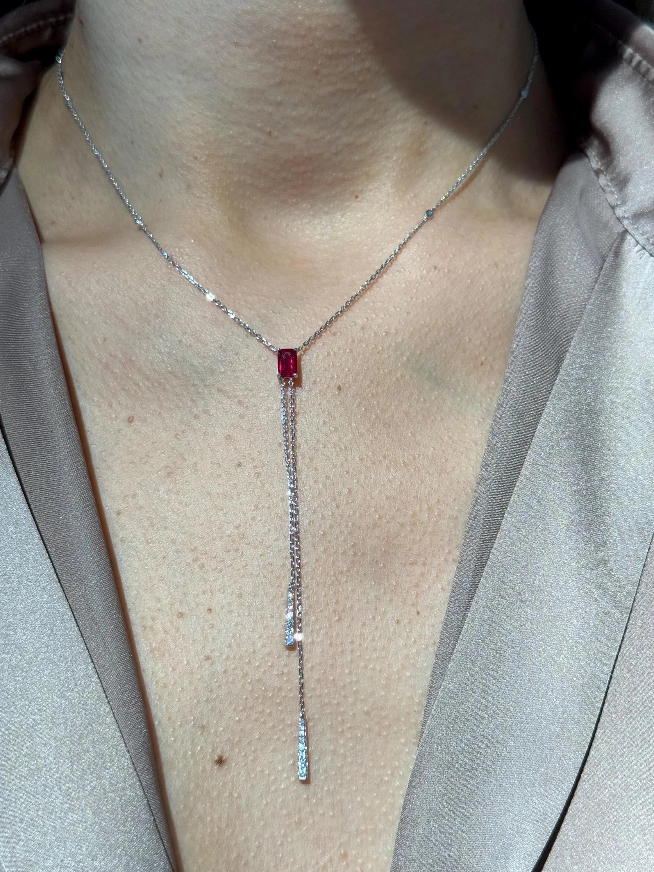 Diamond Ruby Lariat Necklace in 14k White Gold