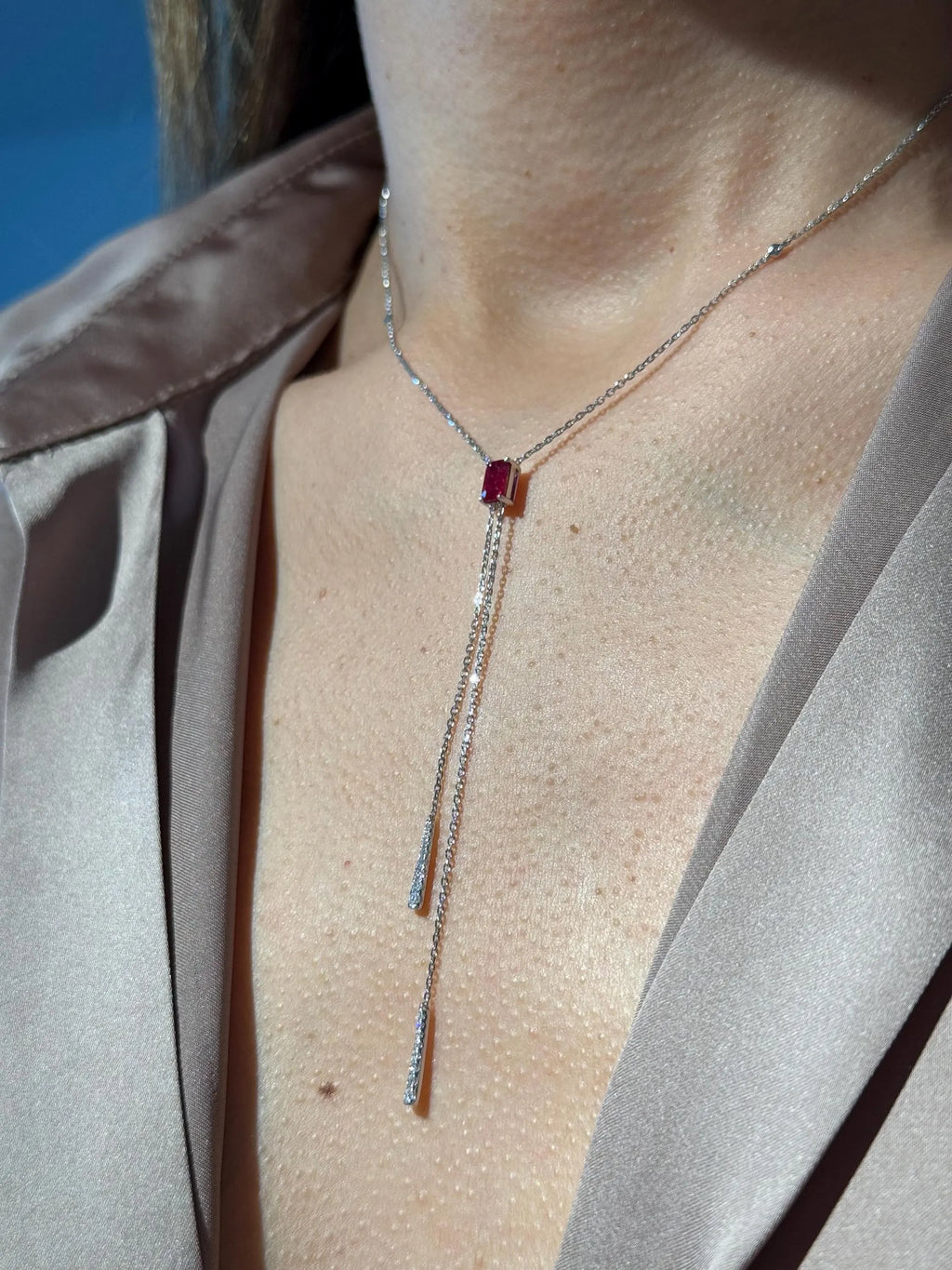Diamond Ruby Lariat Necklace in 14k White Gold
