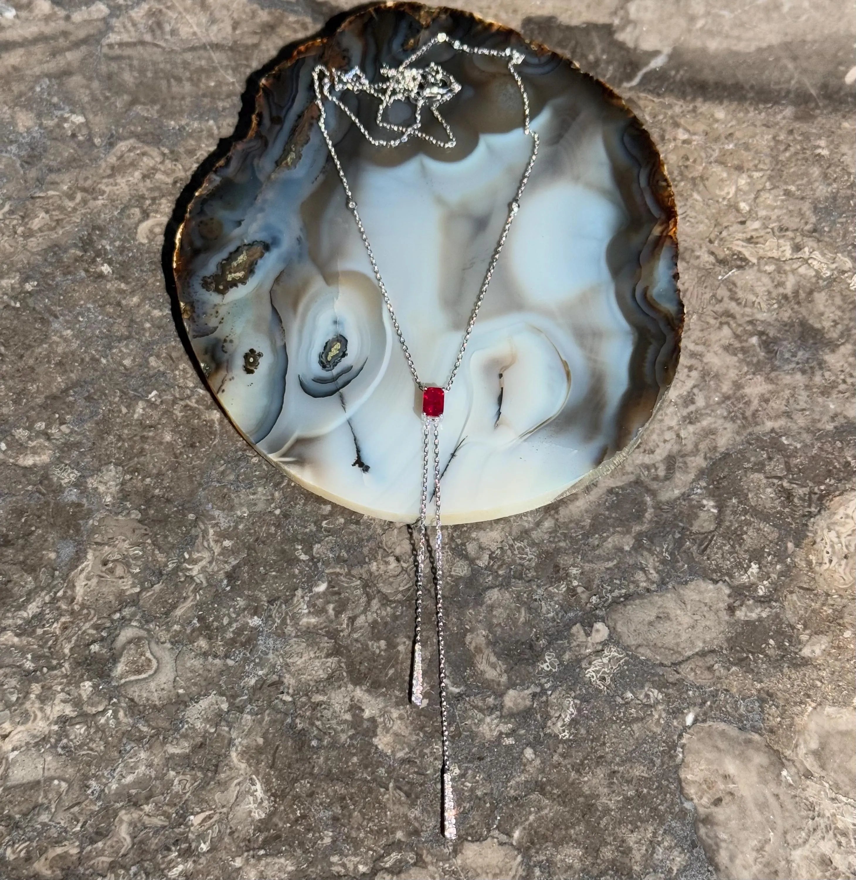 Diamond Ruby Lariat Necklace in 14k White Gold