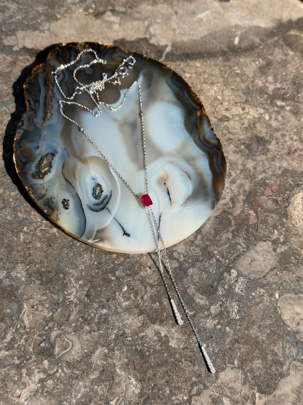 Diamond Ruby Lariat Necklace in 14k White Gold