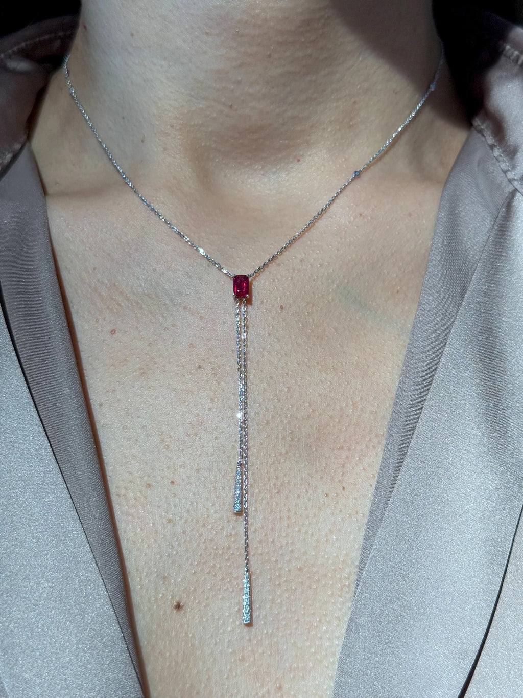 Diamond Ruby Lariat Necklace in 14k White Gold