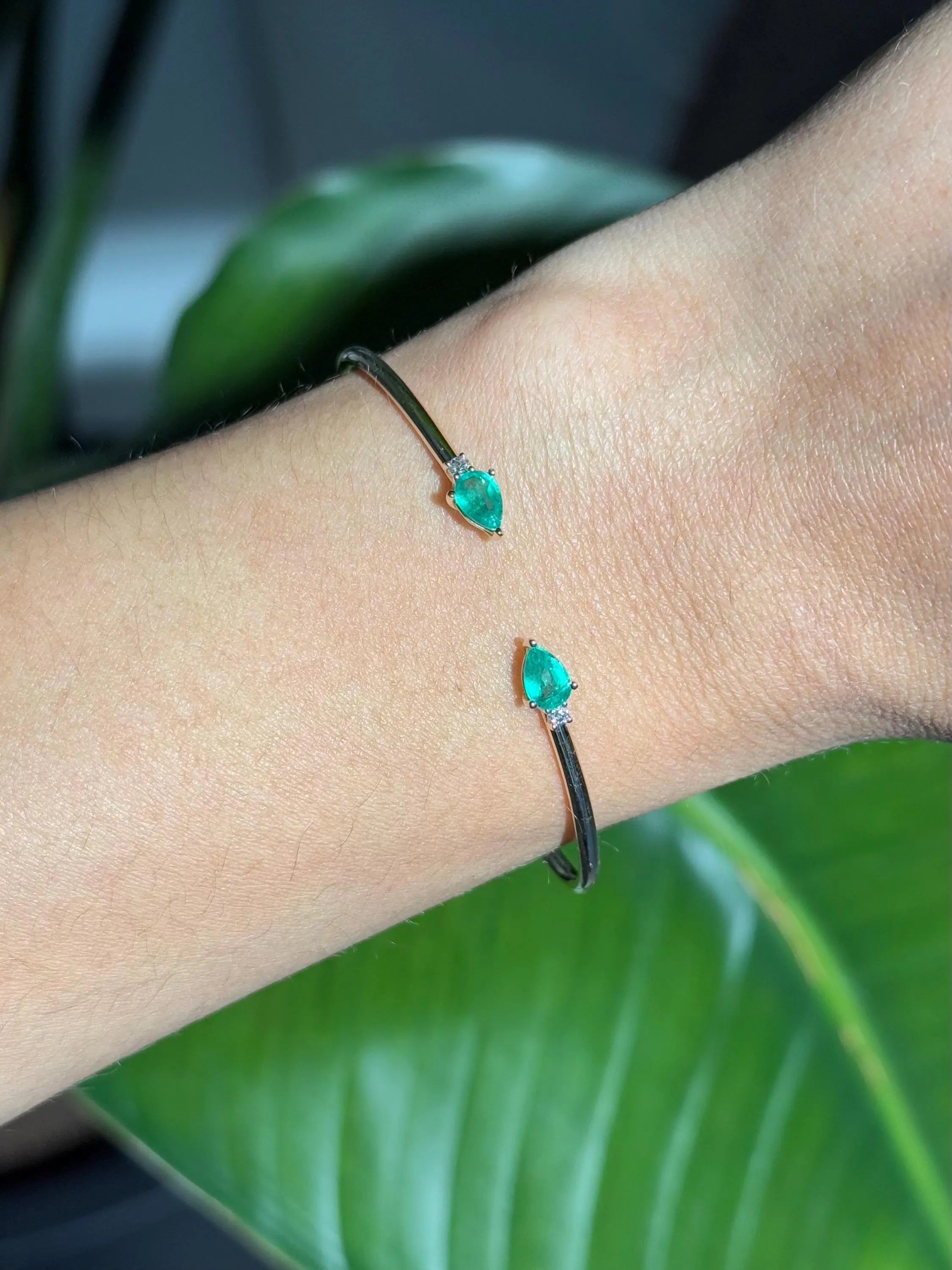 Emerald Diamond Bangle Bracelet in 14k Yellow Gold