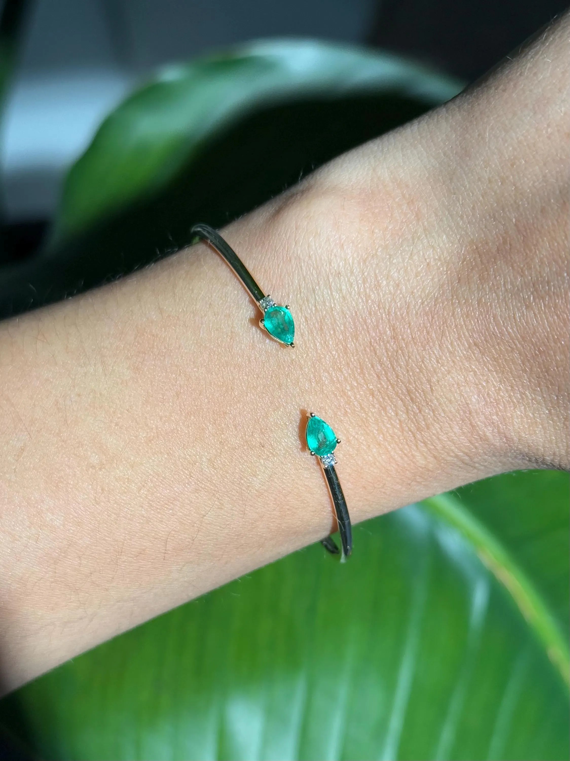 Emerald Diamond Bangle Bracelet in 14k Yellow Gold