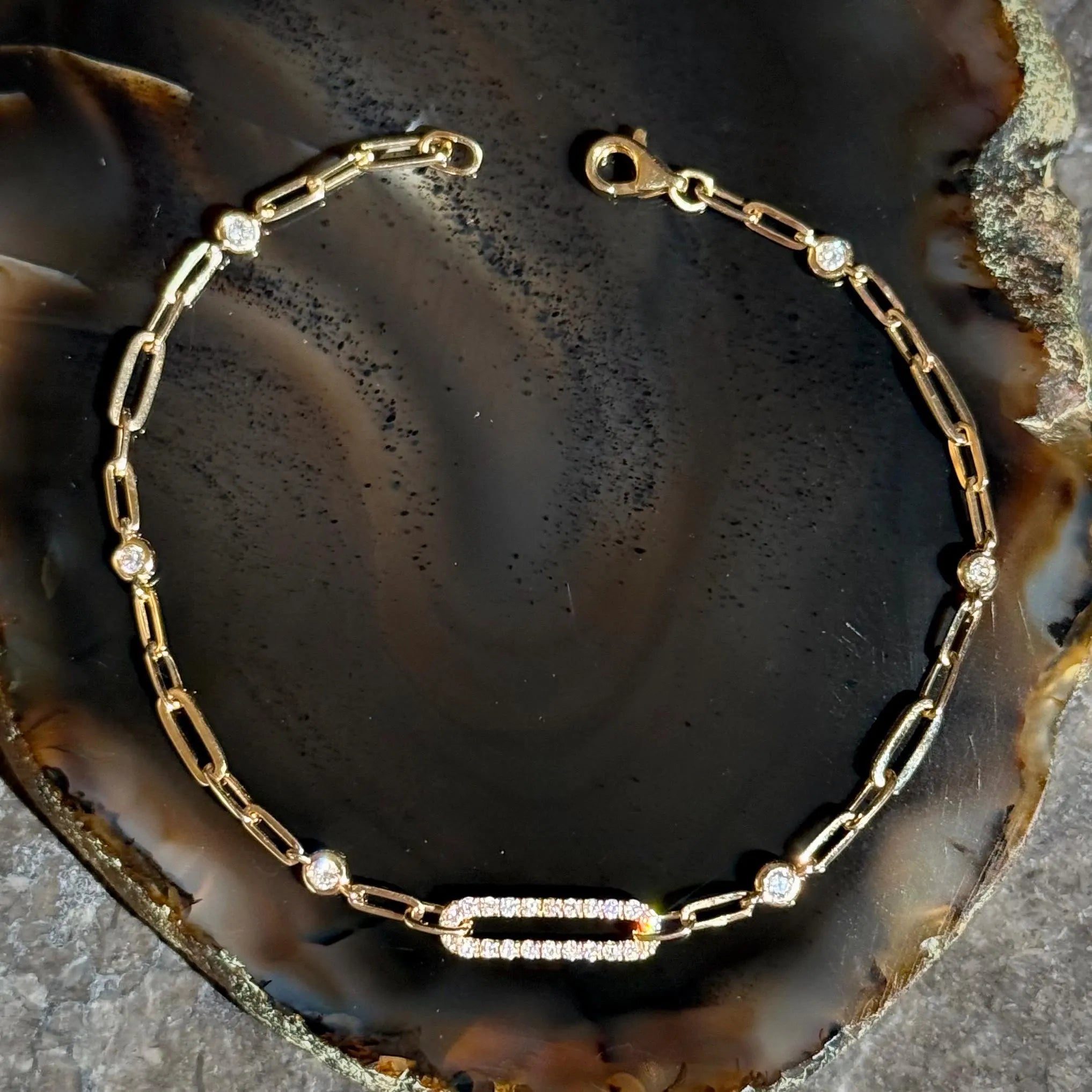 Diamond Paper Clip Chain Bracelet in 14k Yellow Gold