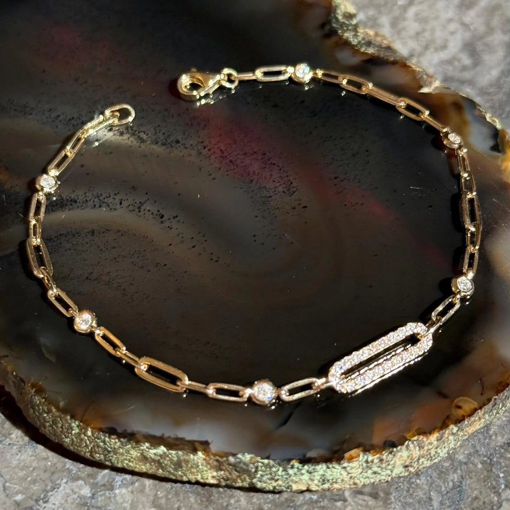 Diamond Paper Clip Chain Bracelet in 14k Yellow Gold