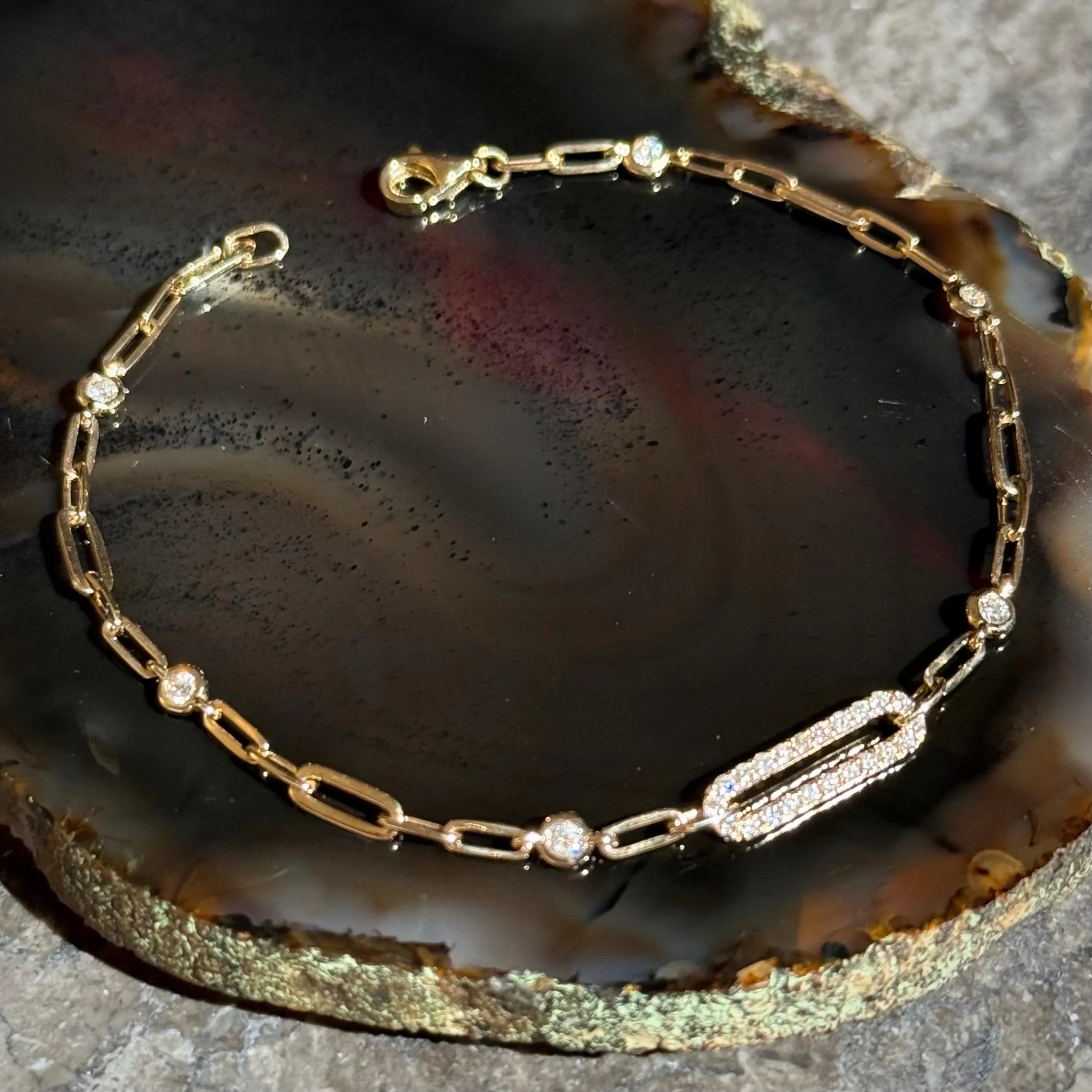 Diamond Paper Clip Chain Bracelet in 14k Yellow Gold