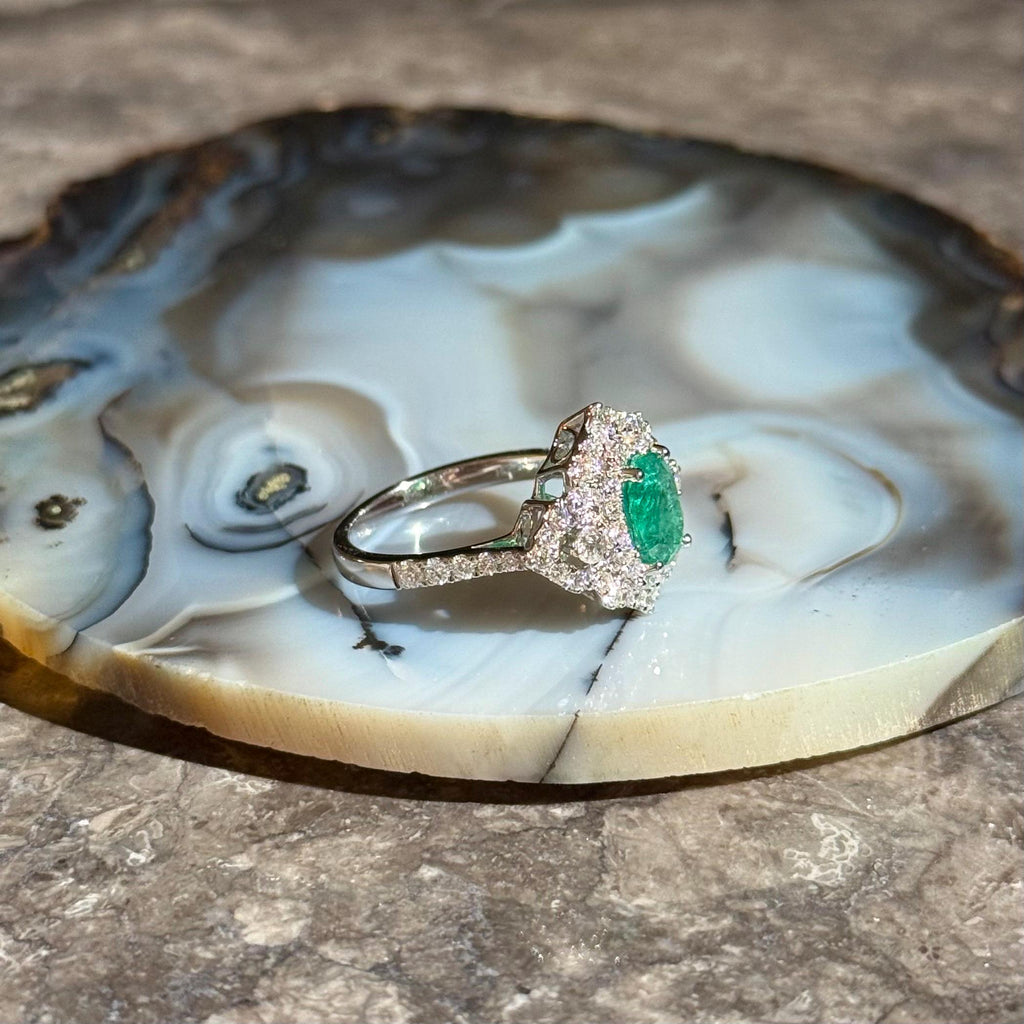 Classy Emerald Diamond Ring in 14k White Gold