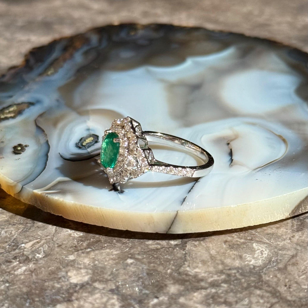 Classy Emerald Diamond Ring in 14k White Gold