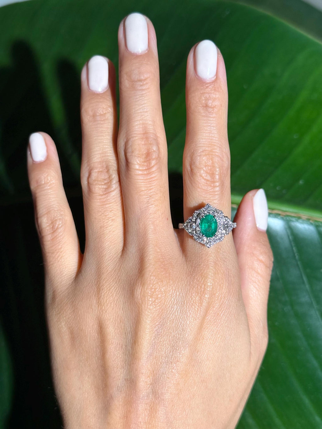 Classy Emerald Diamond Ring in 14k White Gold