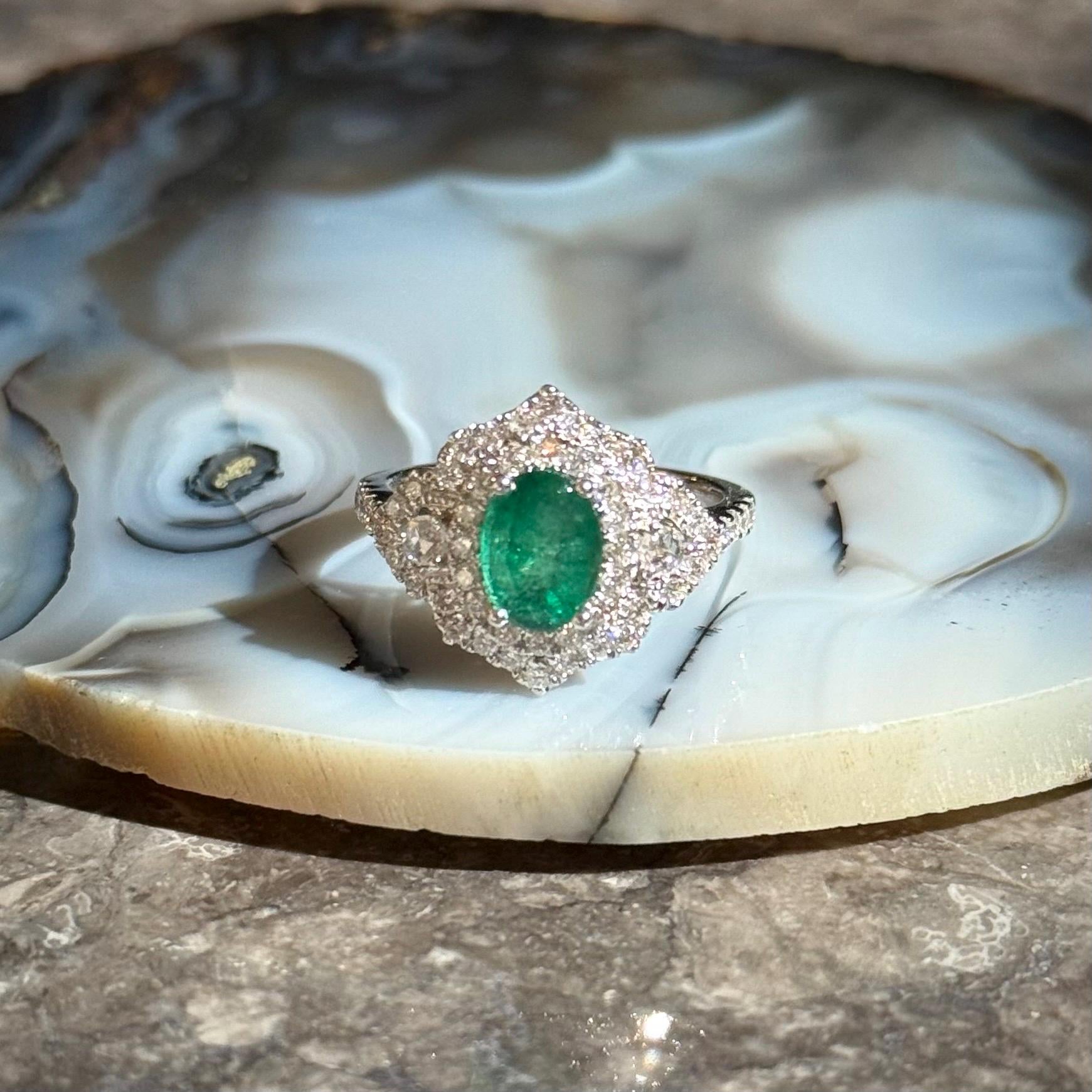Classy Emerald Diamond Ring in 14k White Gold